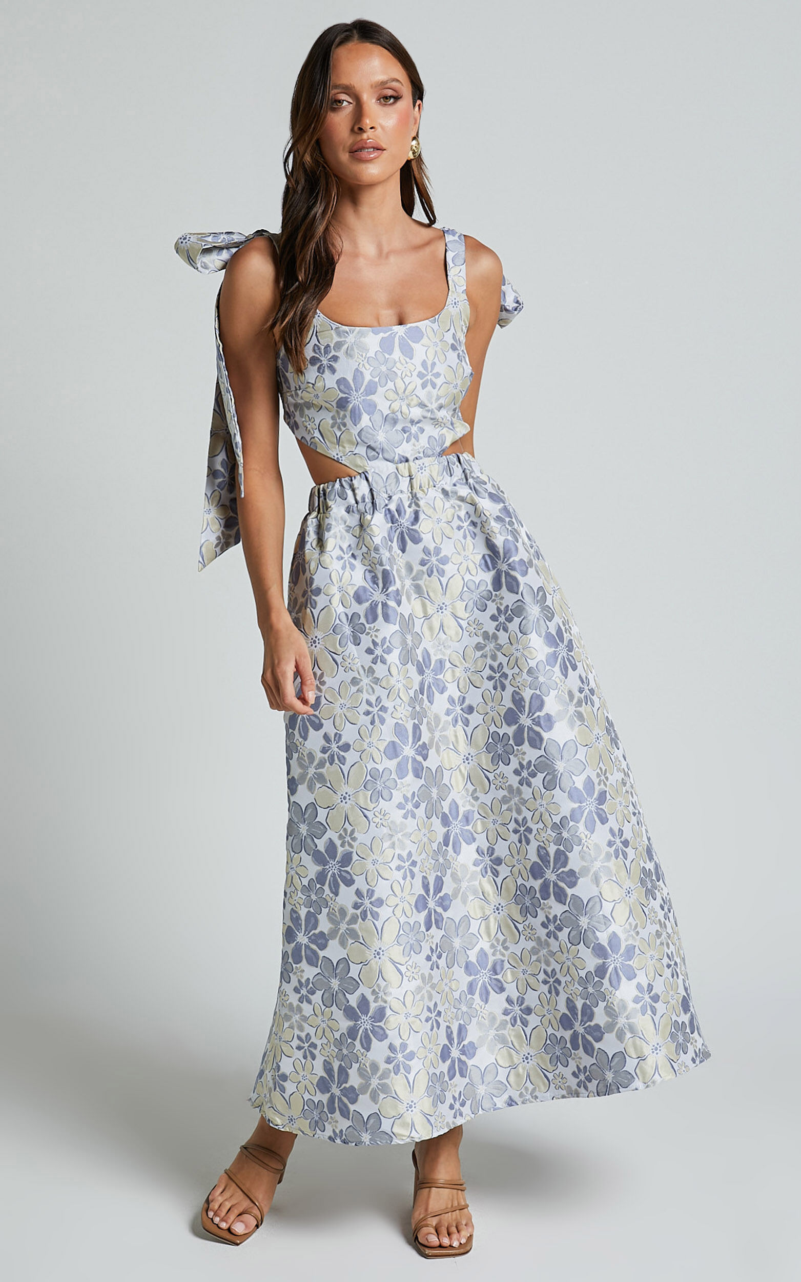 Briella Midi Dress - Adjustable Strap Side Cut Out A Line Dress in Blue