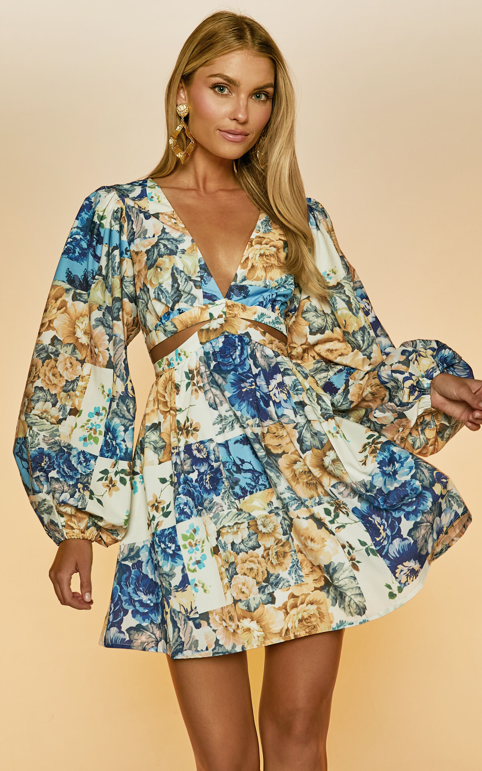 Emily Mini Dress - V Neck Long Sleeve Cut Out Dress in Patchwork Floral
