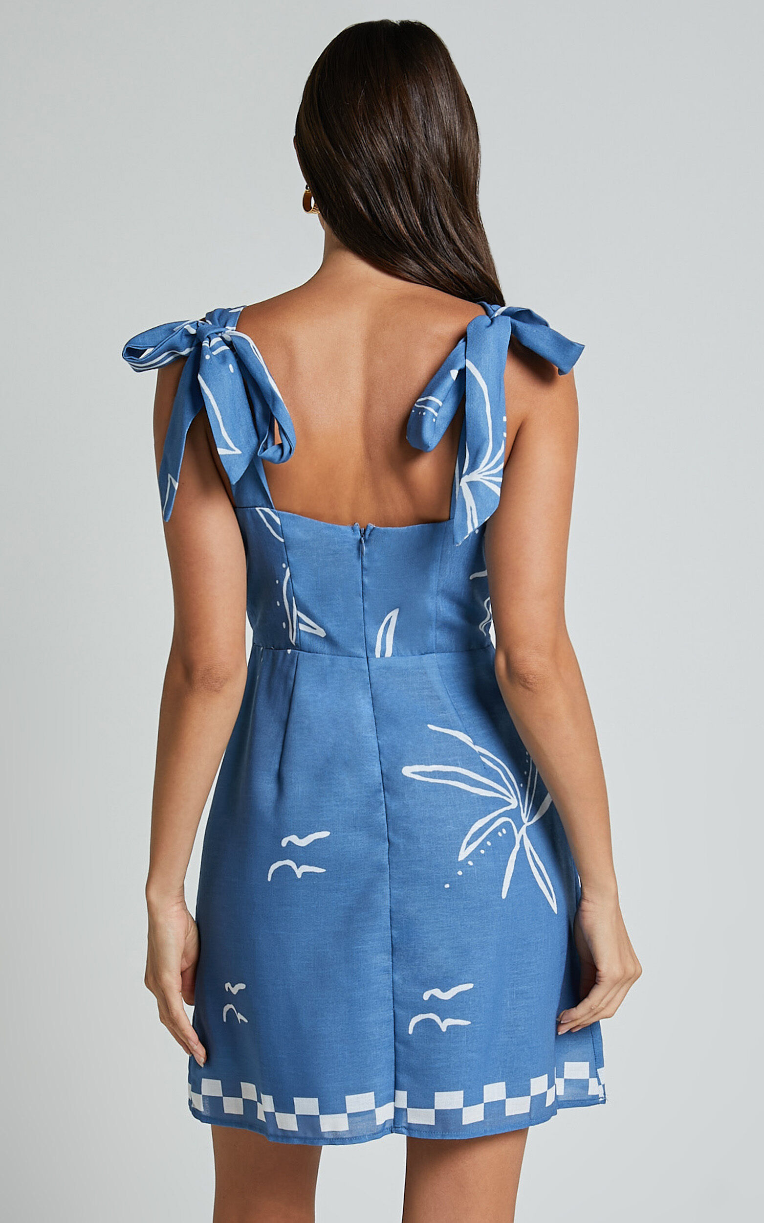 Aveda Mini Linen Dress - Tie Strap Deep V Neck Shift Dress in Blue