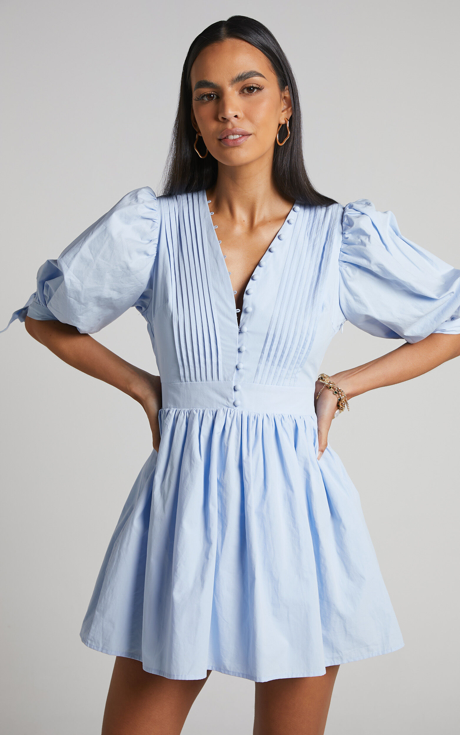 Zandra Mini Dress - Puff Sleeve Poplin Dress in Icy Blue
