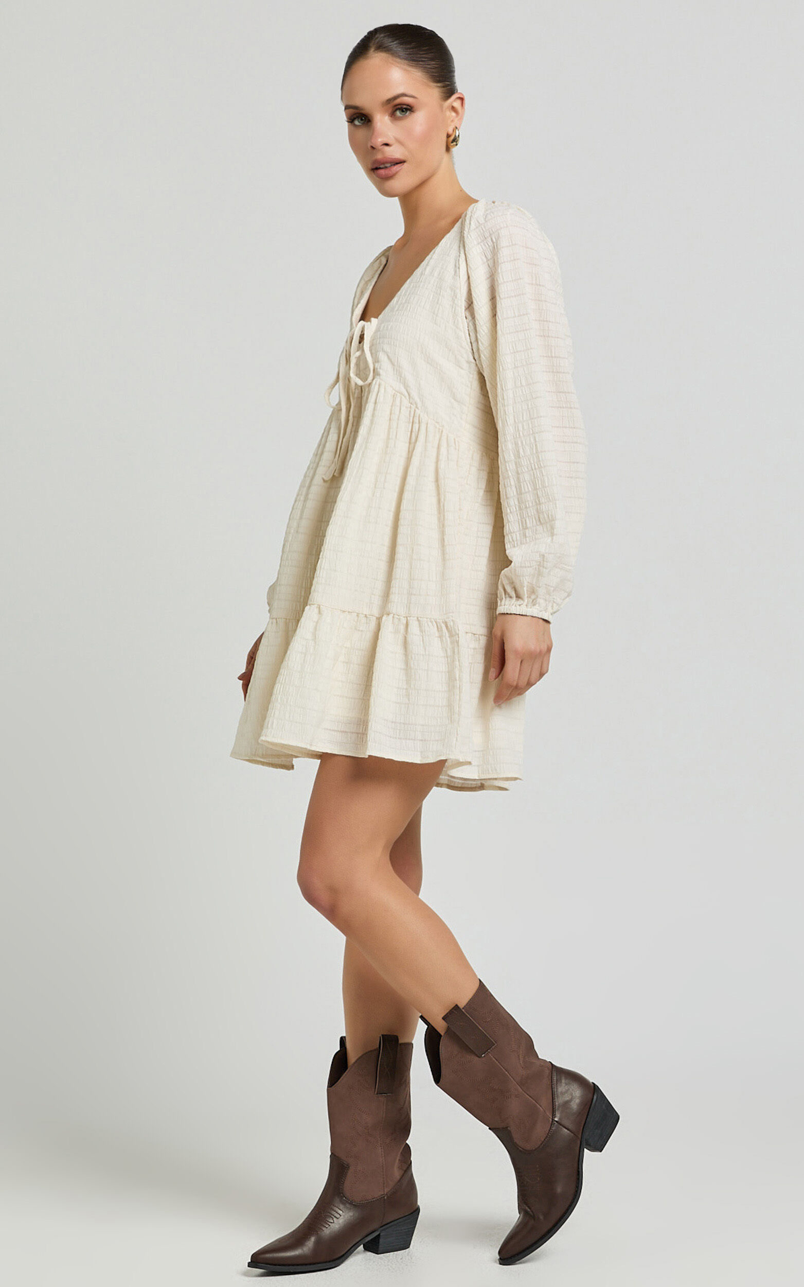 Chaney Mini Dress - Long Sleeve Tie Front Smock Dress in Ivory
