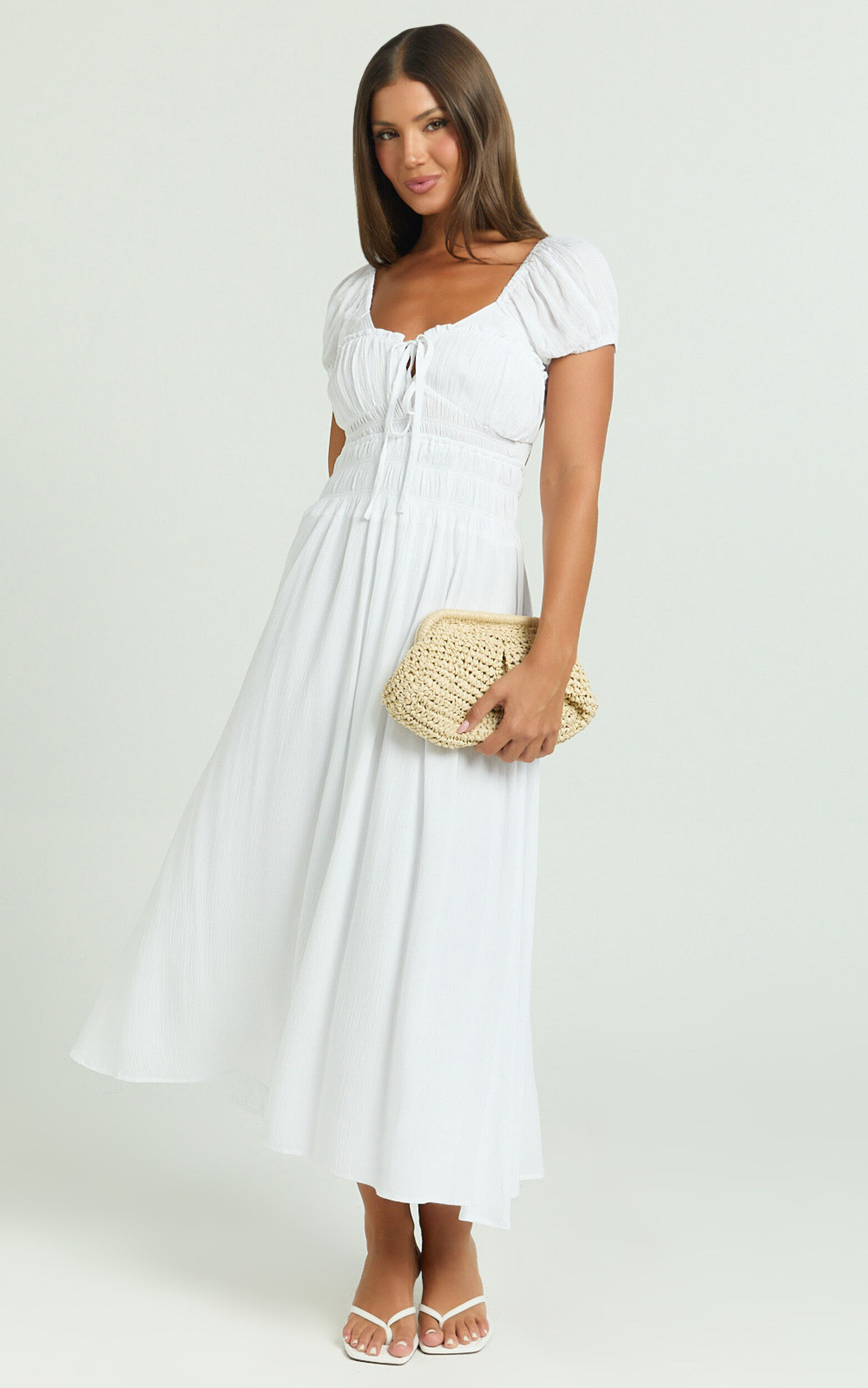 Nova Midi Dress - Open Back Ruched Dress in White