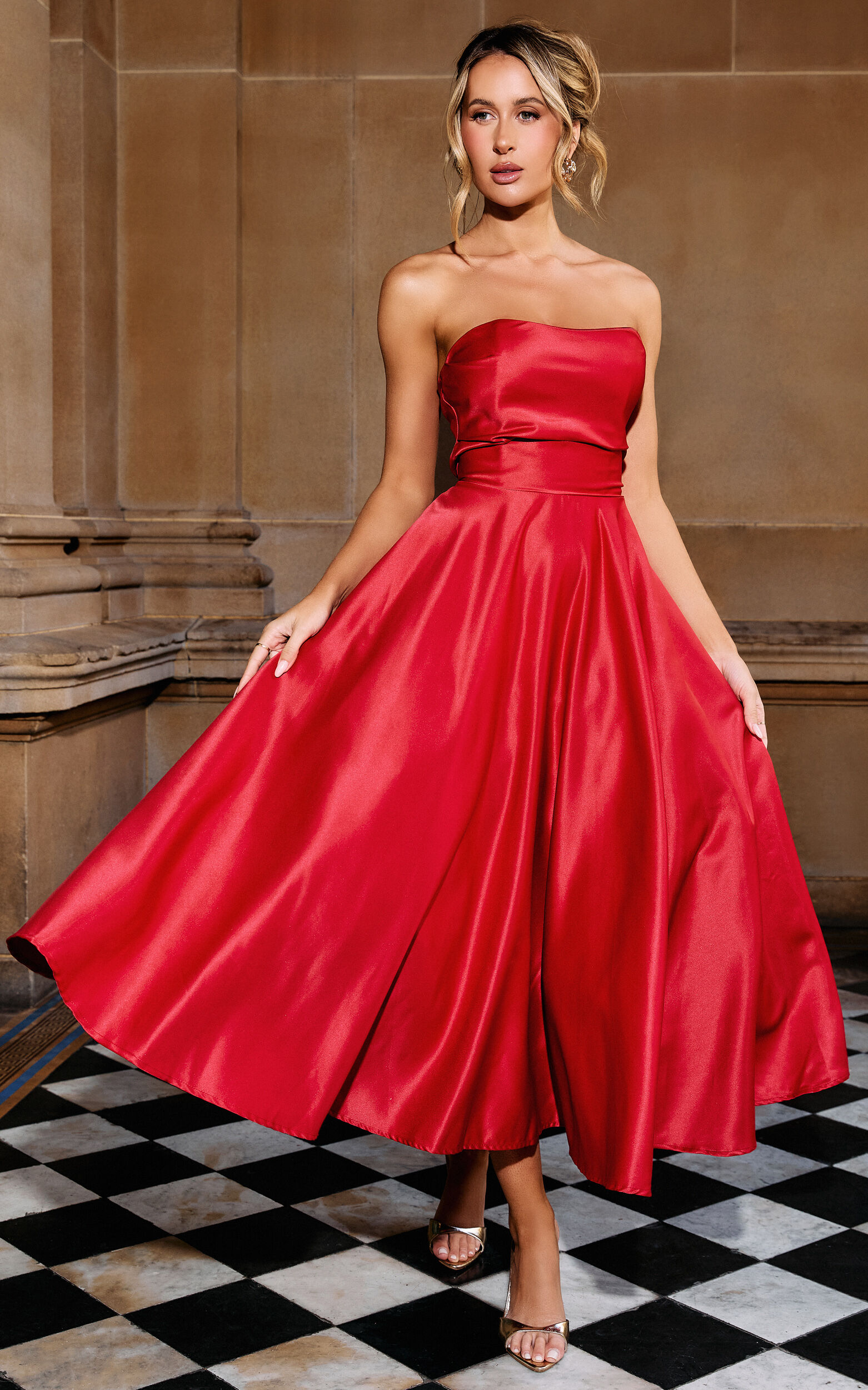 Helaina Midi Dress - Strapless A-Line Satin Dress in Red