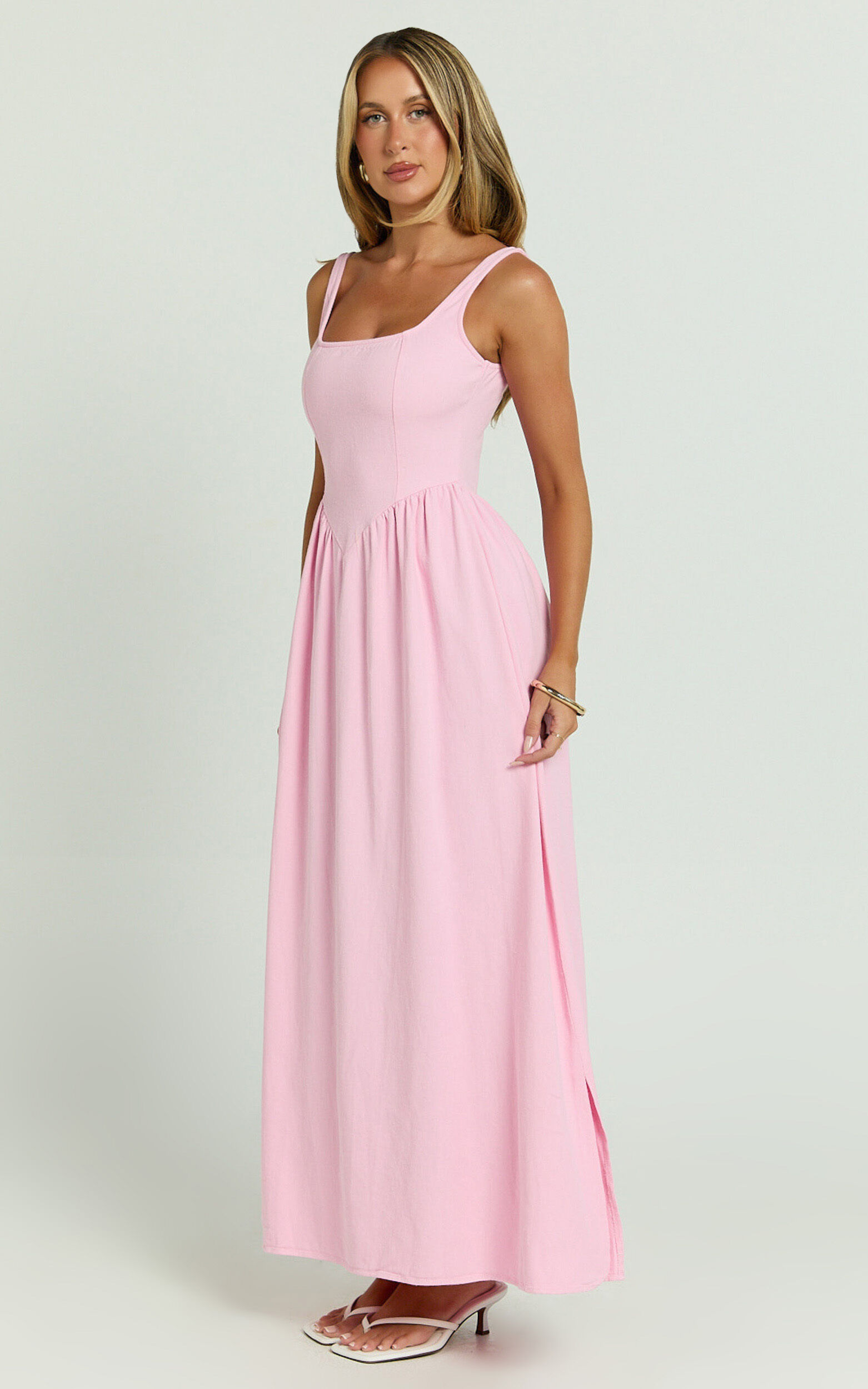 Rhaziya Midi Dress - Sleeveless Straight Neck Fit and Flare Dress in Pink