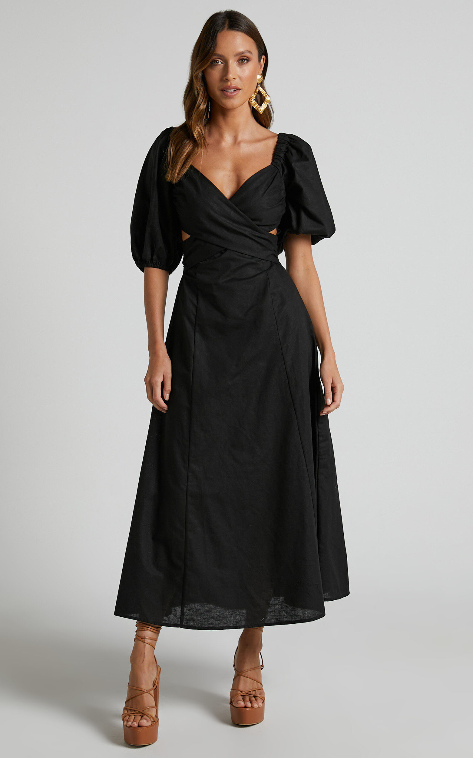 Amalie The Label - Janae Linen Blend Puff Sleeve Cut Out Midi Dress in Black