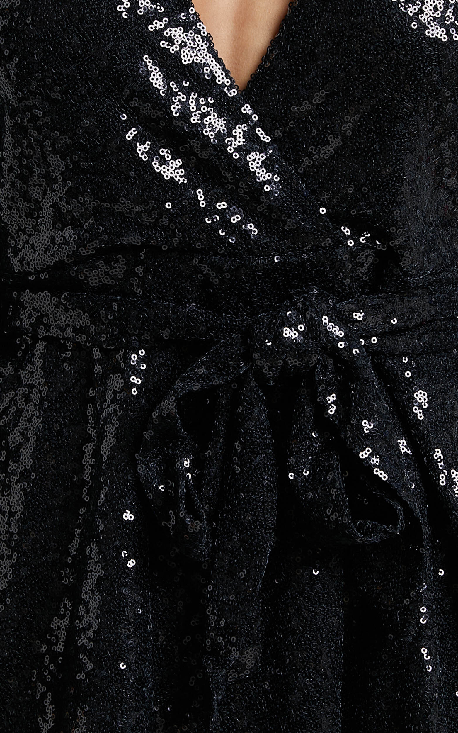 Three Of Us Mini Dress - Long Sleeve Wrap Dress in Black Sequin