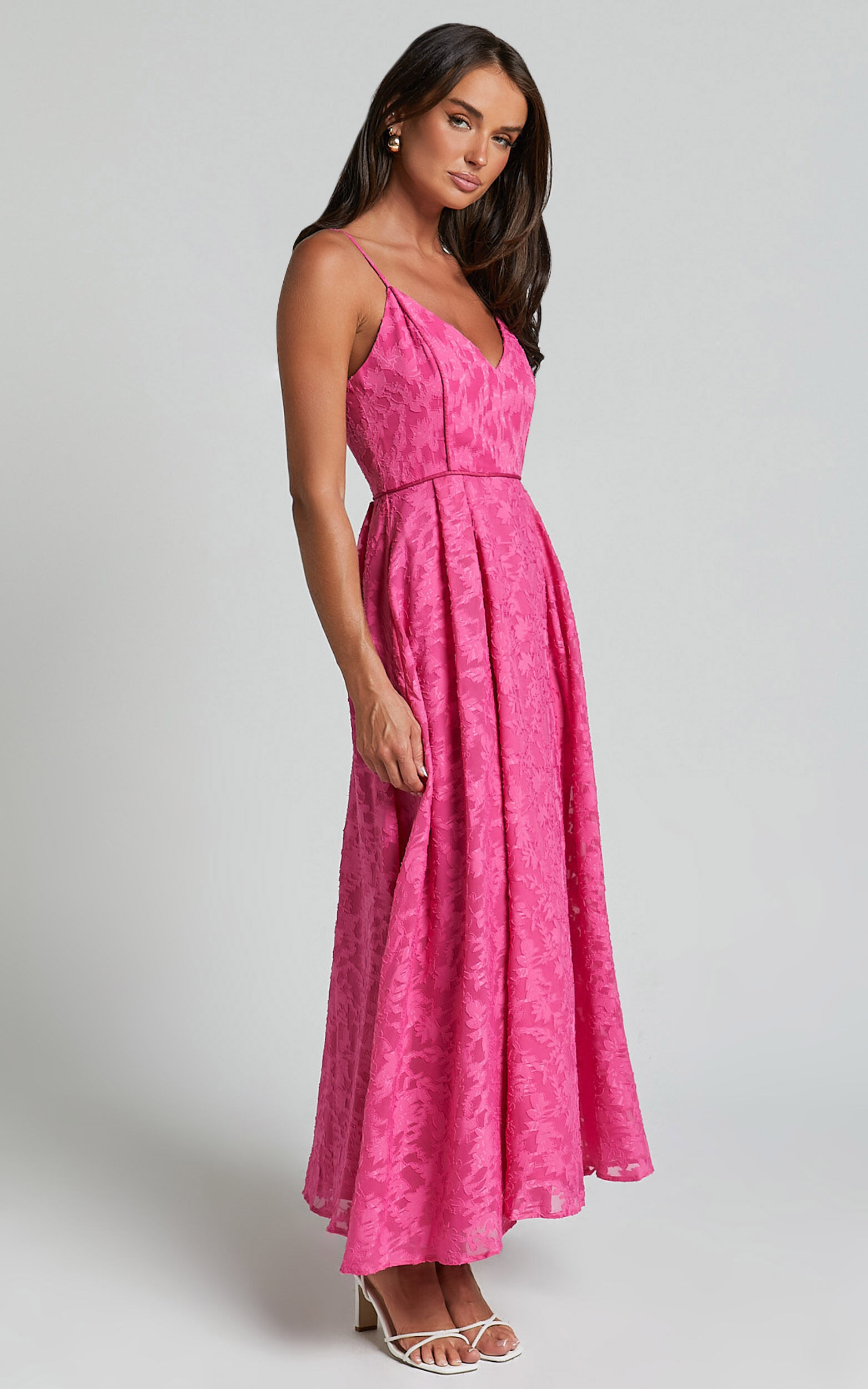 Philine Midi Dress - Jacquard Plunge Fit and Flare Dress in Pink