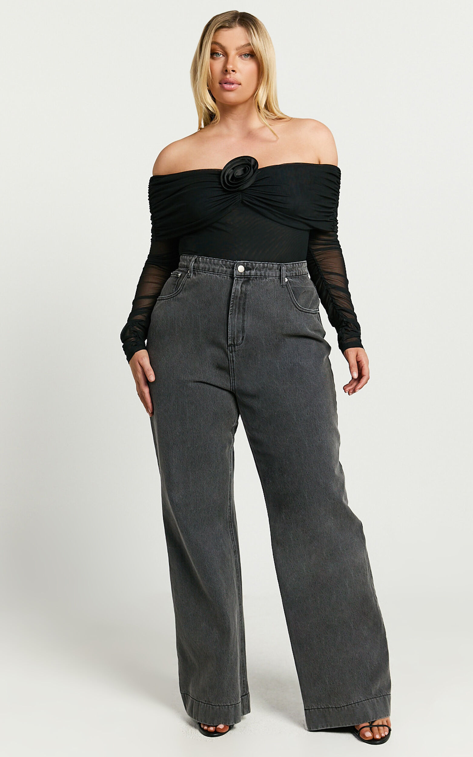 Seraphina Bodysuit - Off Shoulder Long Sleeve Detachable Rosette Mesh Bodysuit in Black