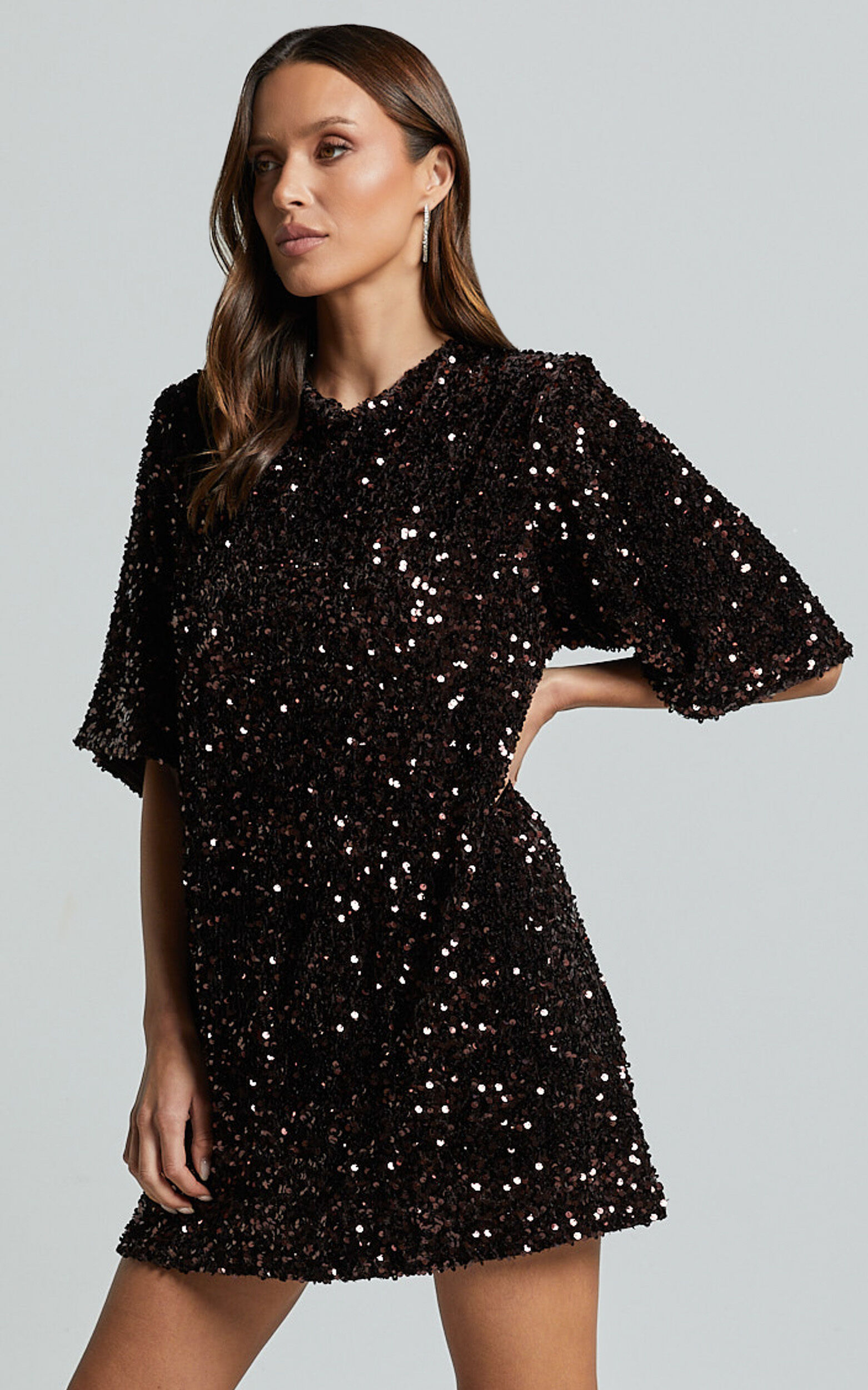 Valetta Mini Dress - Sequin low back shift dress in Chocolate