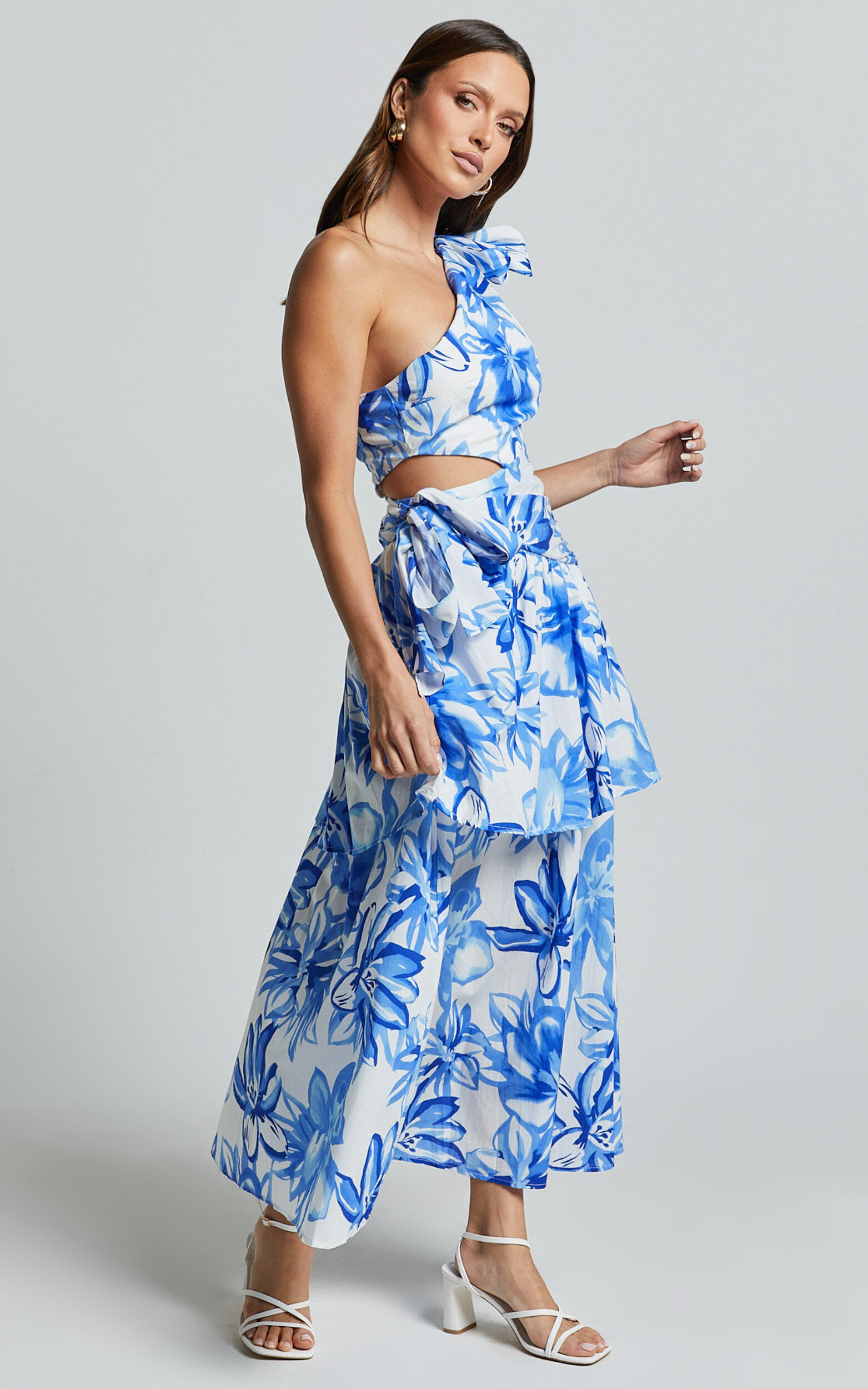 Honolulu Midi Dress - One Shoulder Tiered Dress in Blue and White Print
