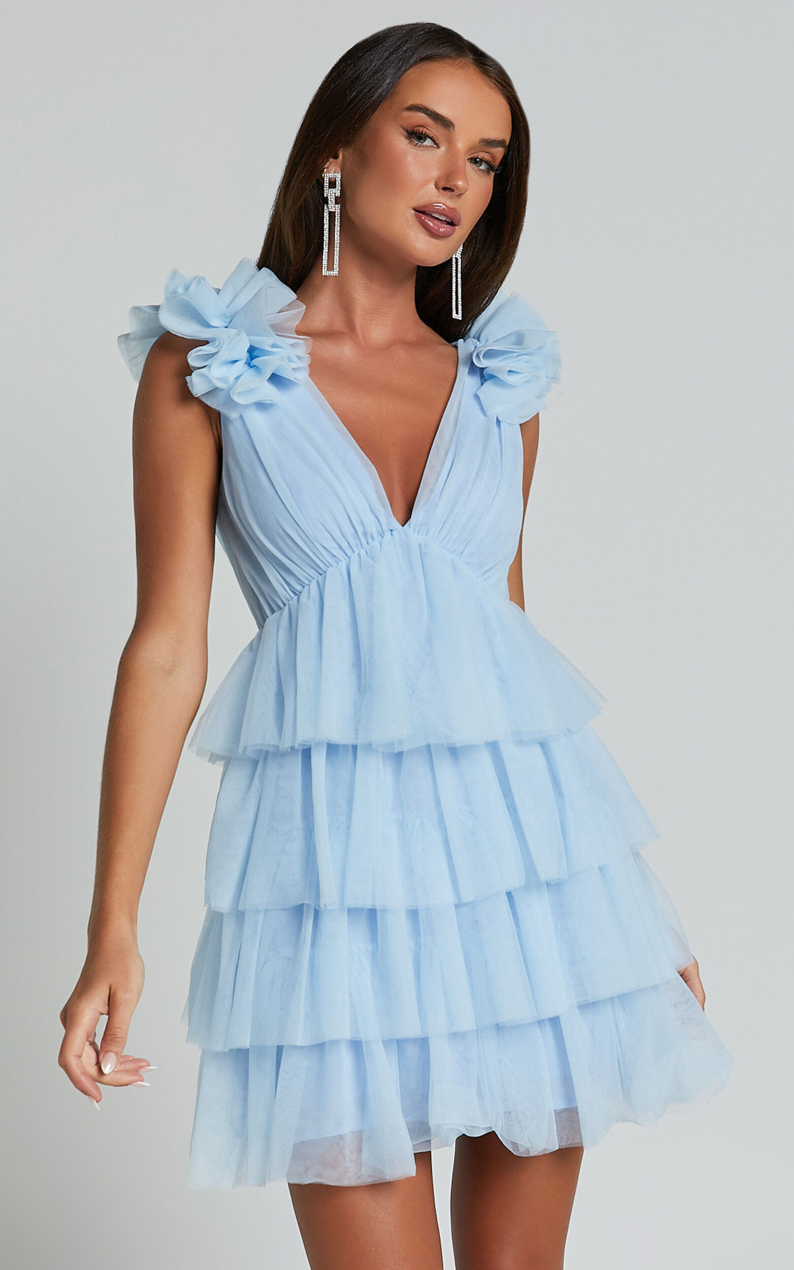 Hayden Mini Dress - Low Back Tulle Tiered Dress in Light Blue