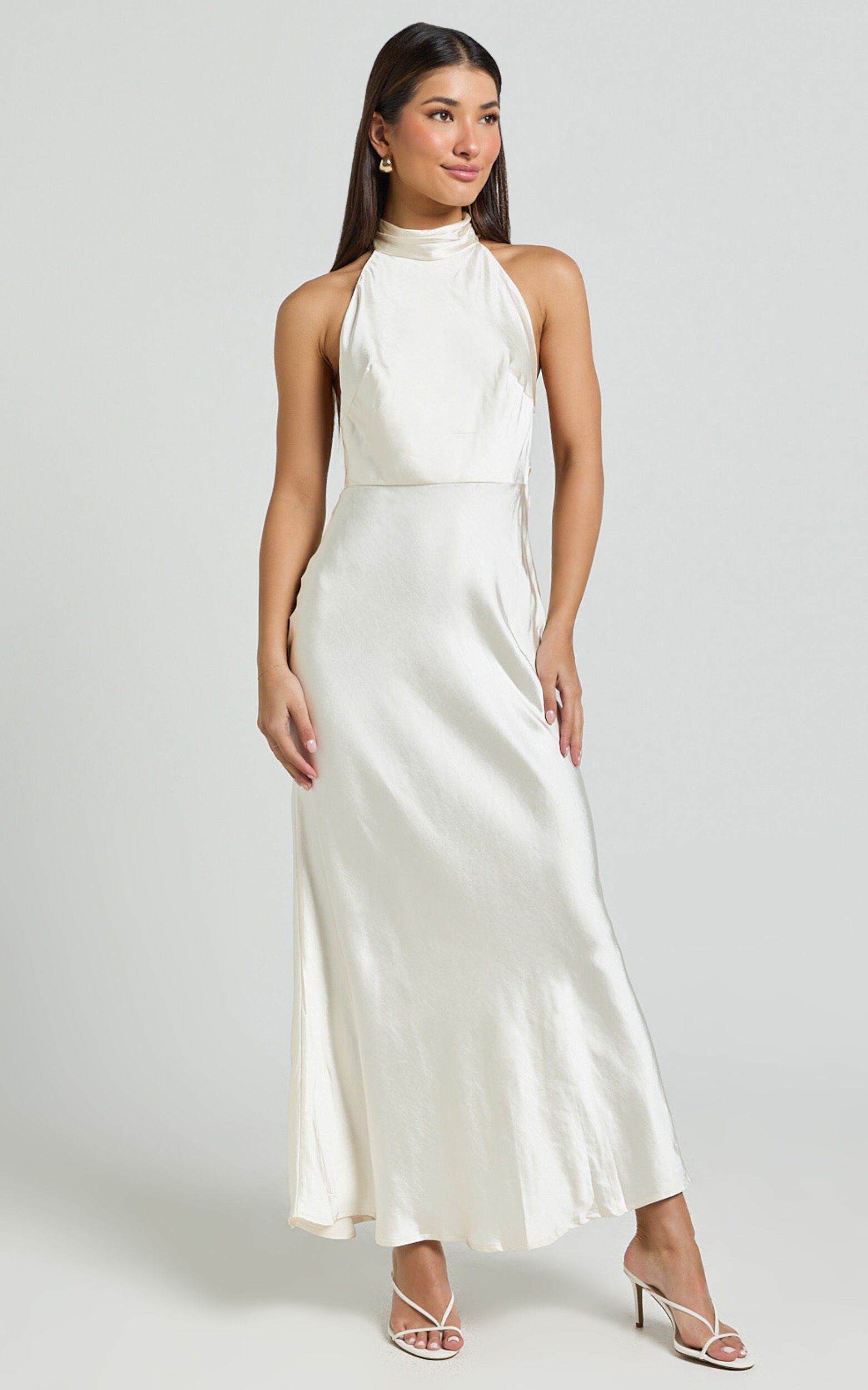 Cassie Midi Dress - High Neck Sleeveless Backless Slip Dress in Champagne