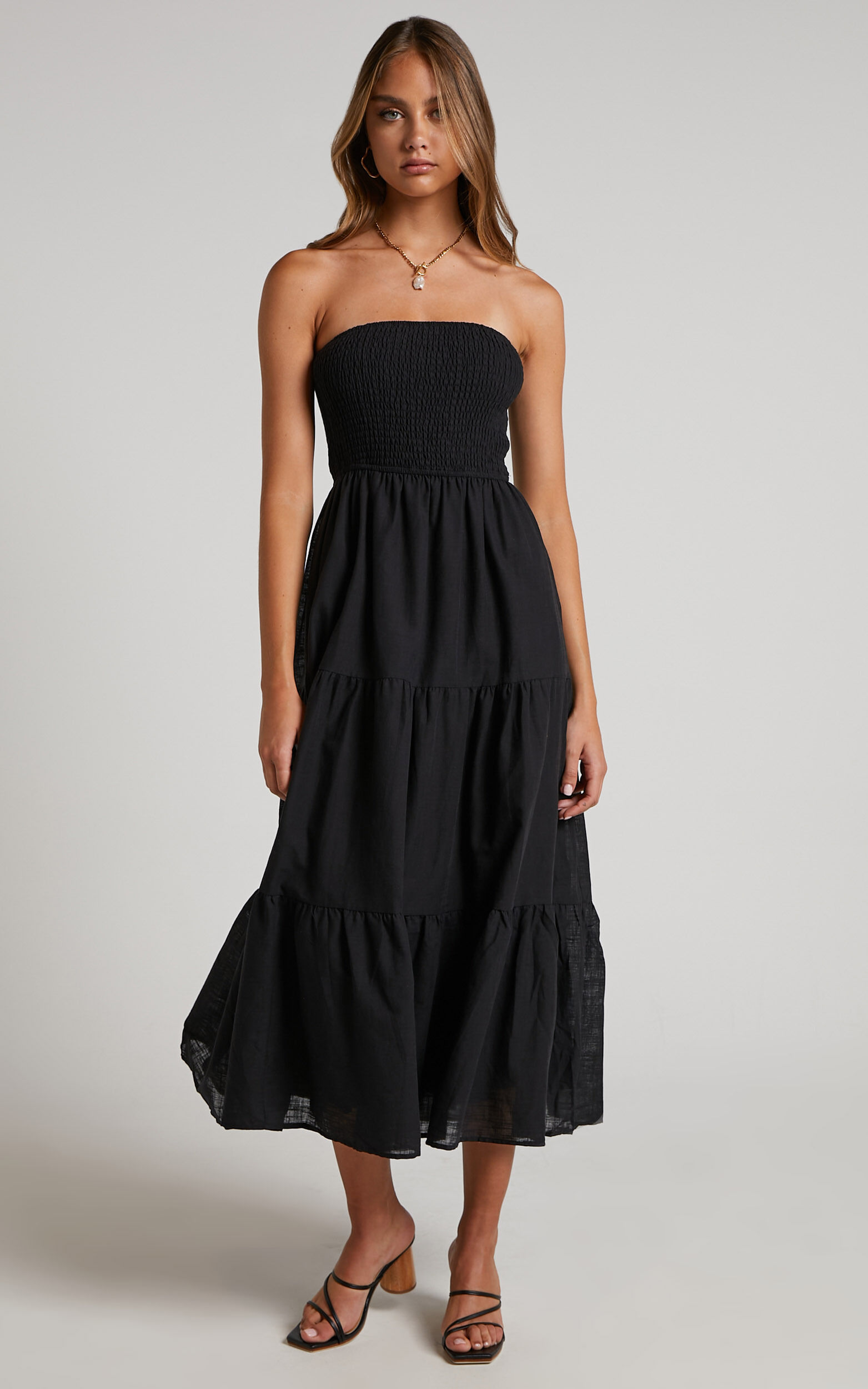 Zoe Midi Dress - Strapless Shirred Bodice Tiered Dress in Black
