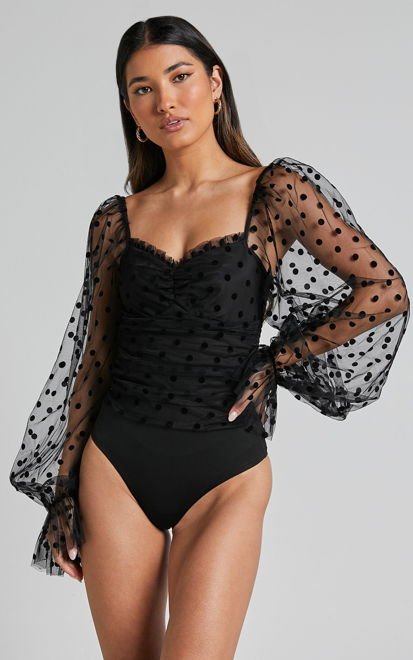 Venetia Bodysuit - Long Sleeve Spot Mesh Bodysuit in Black Spot