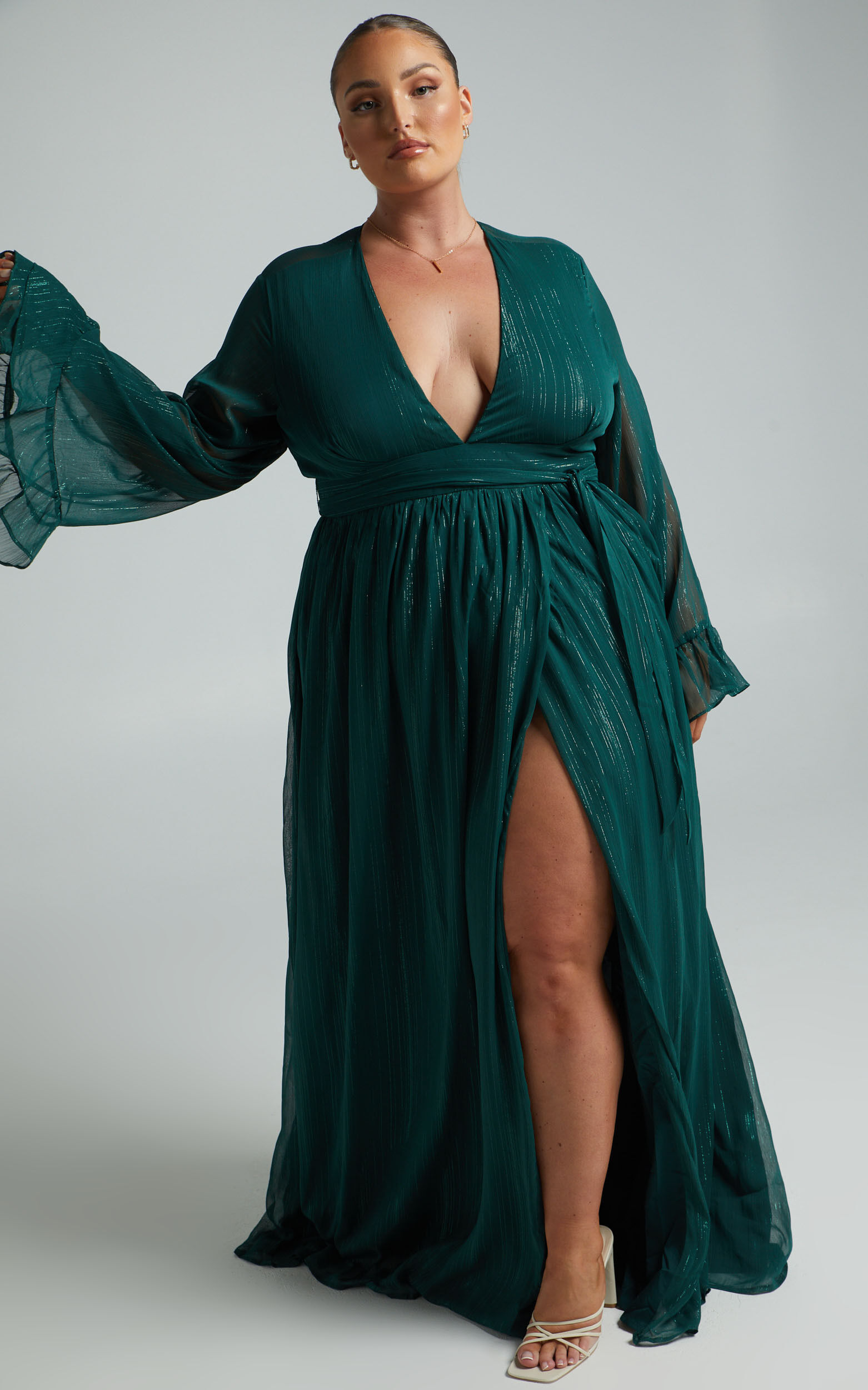 Dangerous Woman Maxi Dress - Plunge Thigh Split Dress in Emerald