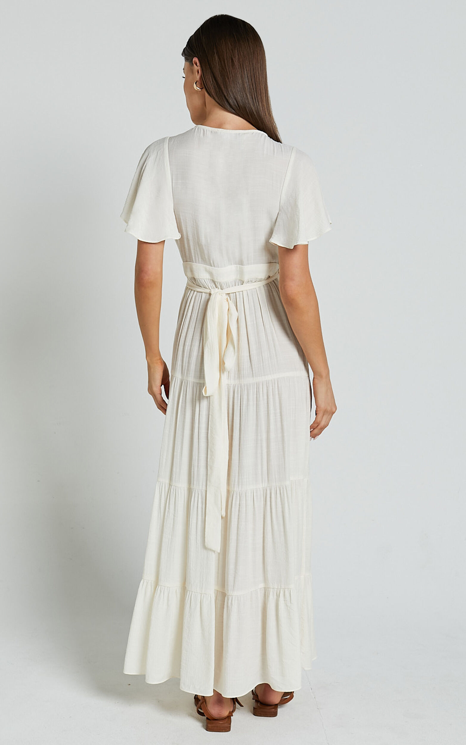 Geneva Midi Dress - Short Flutter Sleeve Wrap Dress in Off White