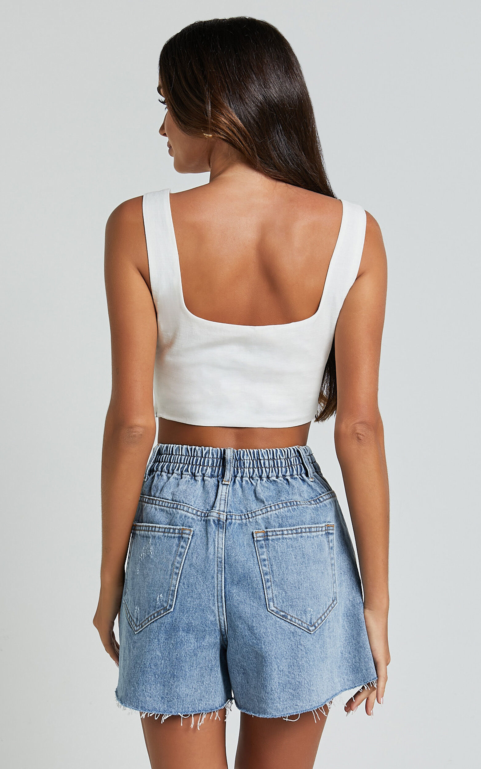Renee Shorts - High Waisted Frayed Hem Denim Shorts in Light Blue Wash