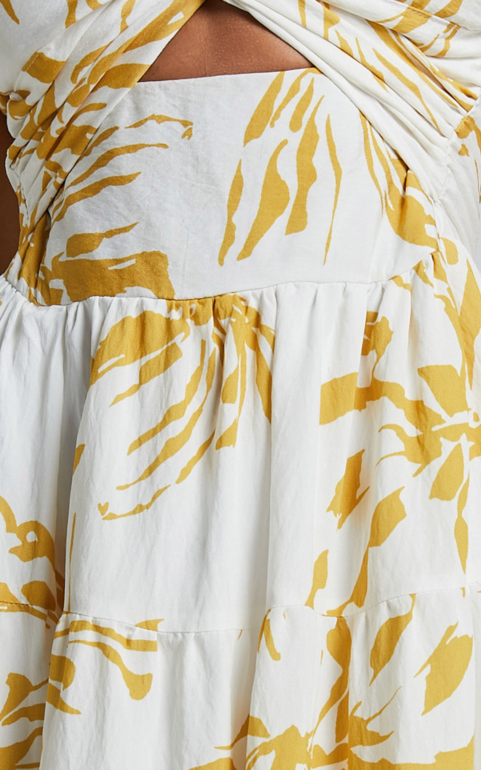 Jamaella Midi Dress - Short Puff Sleeve Front Cut Out Dress in White Floral