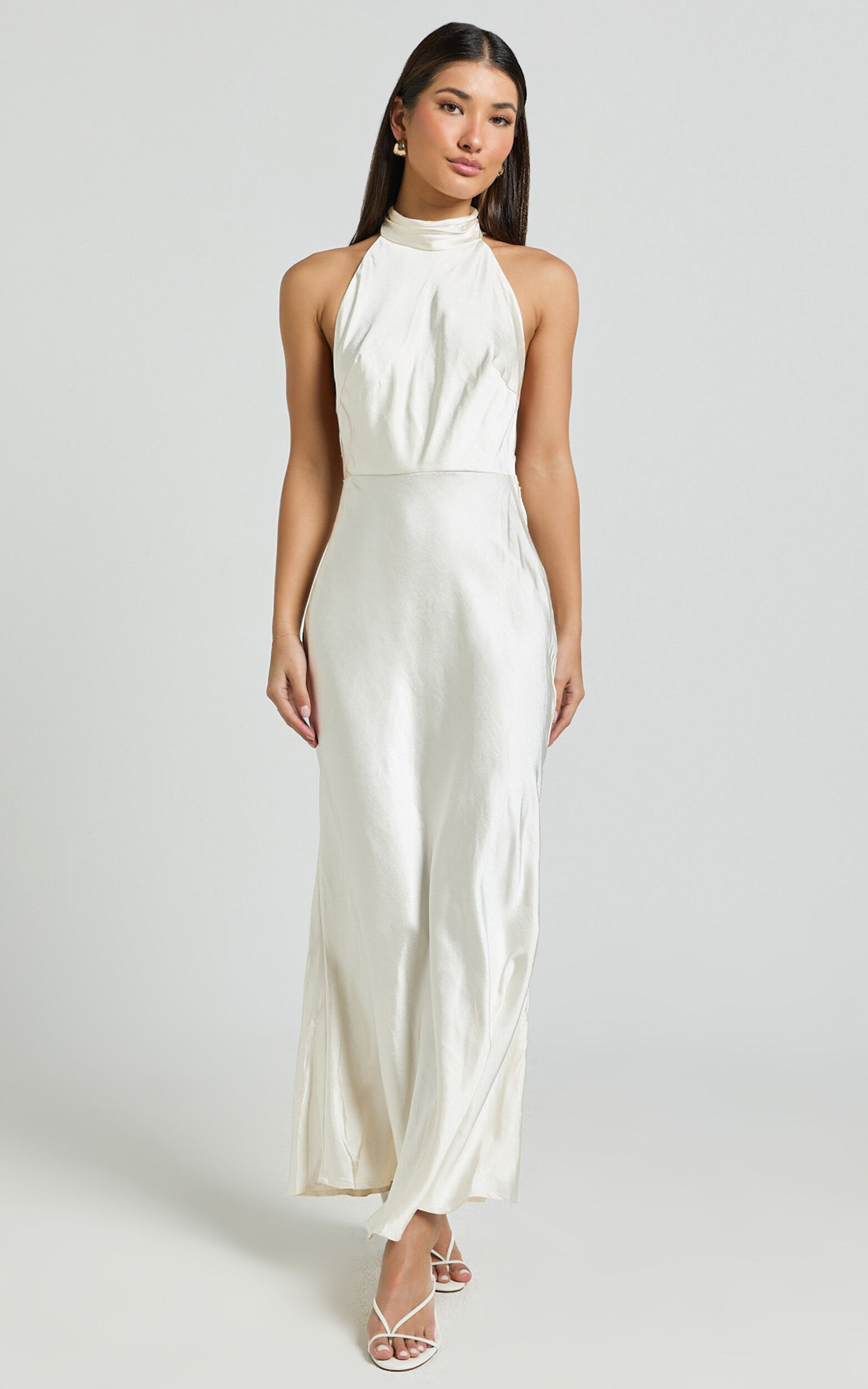 Cassie Midi Dress - High Neck Sleeveless Backless Slip Dress in Champagne