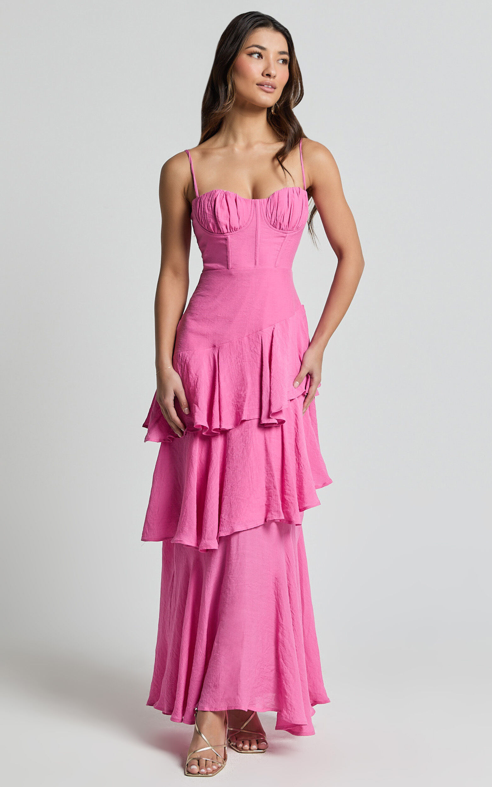 Diana Midi Dress - Sweetheart Ruched Bust Layered Dress in Hot Pink