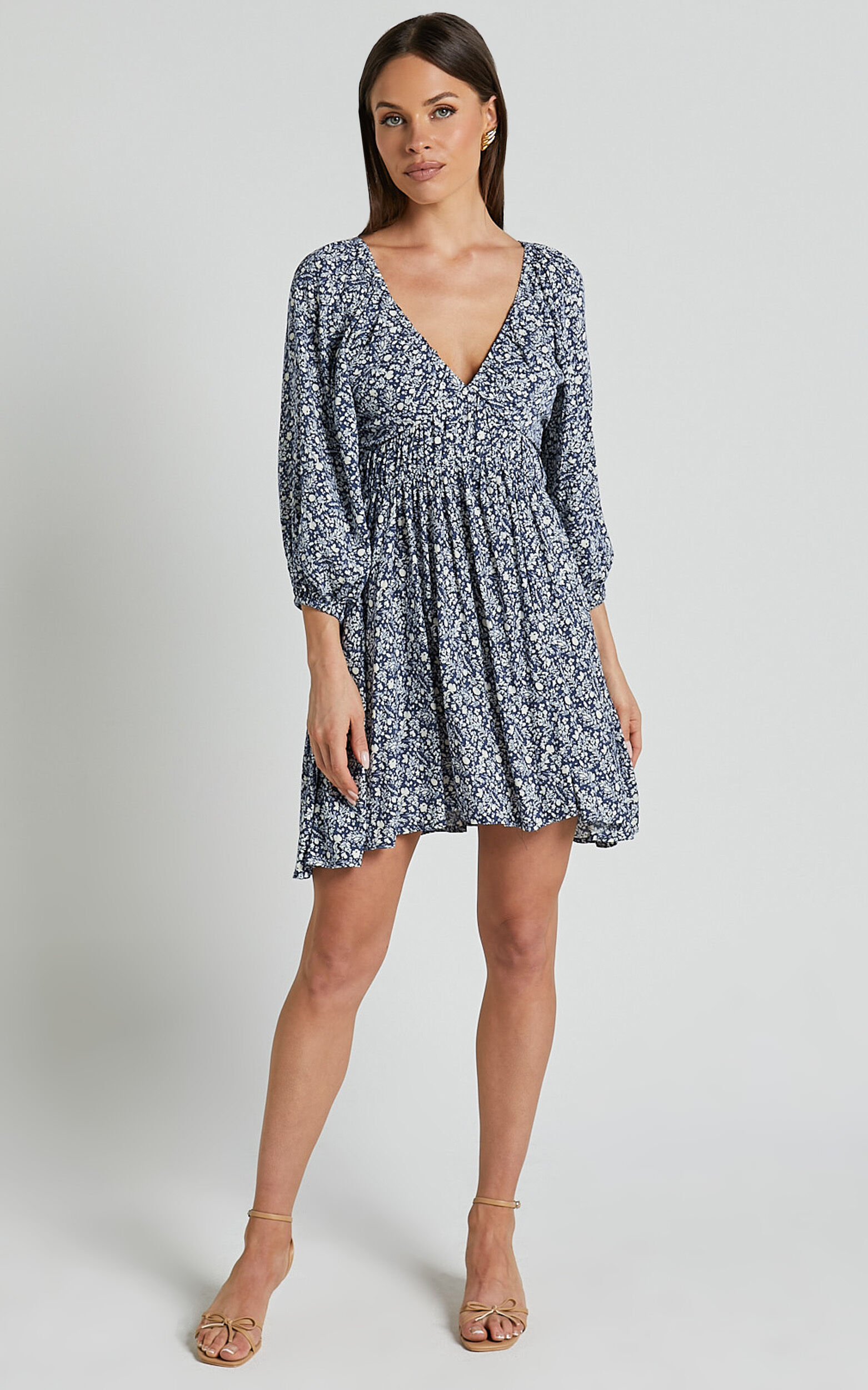 Chereena Mini Dress - Plunge Neck Raglan 3/4 Sleeve Smock Dress in Blue Floral