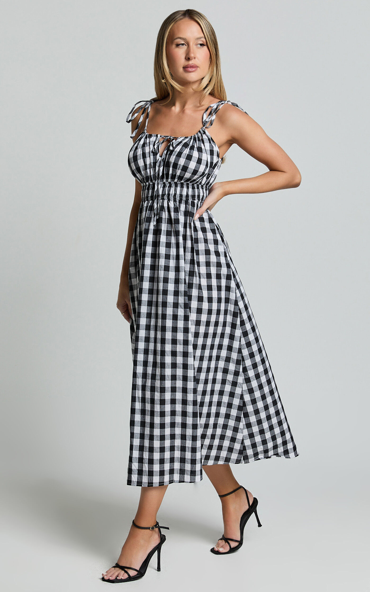 Vela Midi Dress - Strappy Tie Shoulder Elasticated Waist Dress in Black and White Gingham