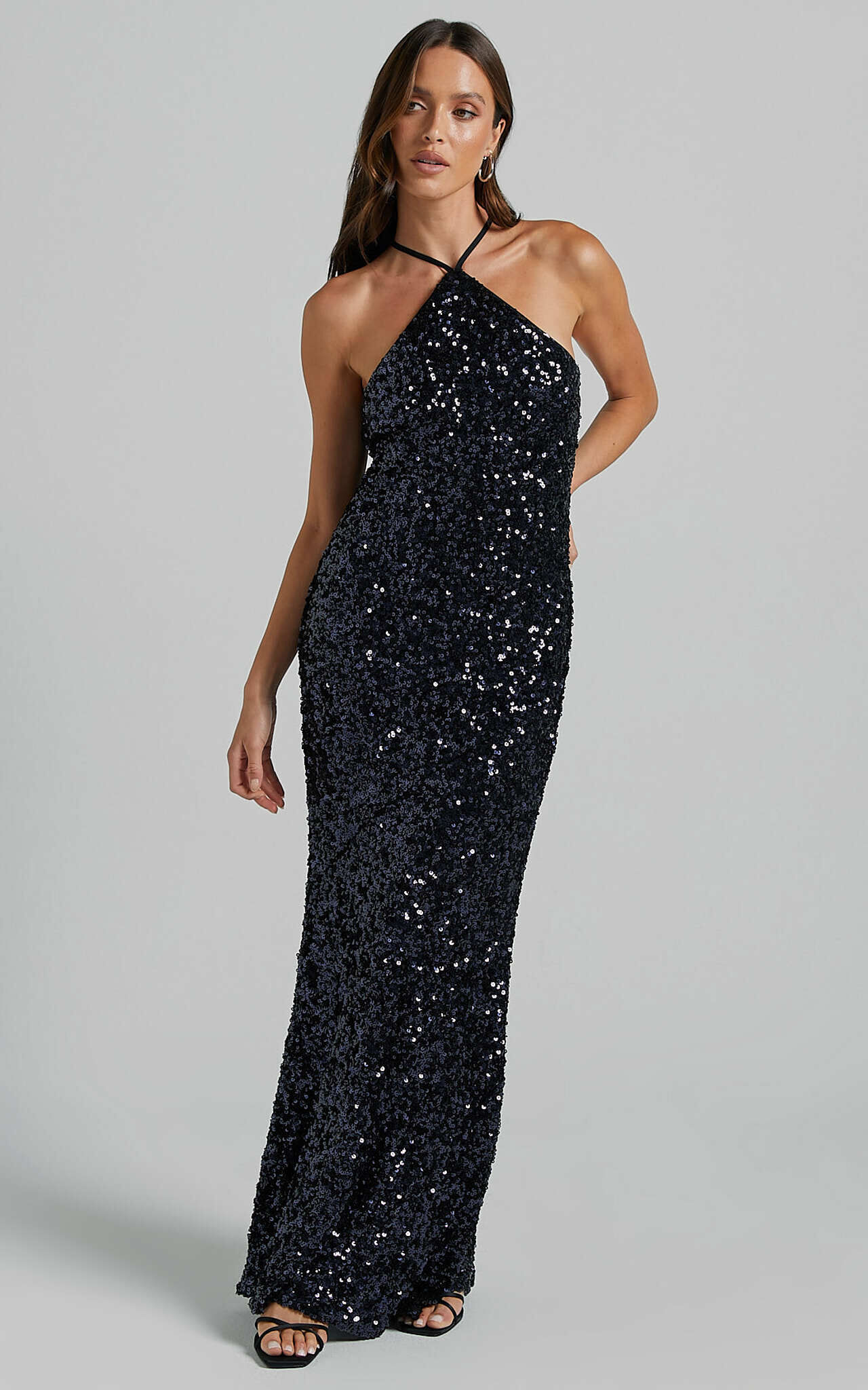 Aurora Maxi Dress - Halter Neck Bodycon Sequin in Navy