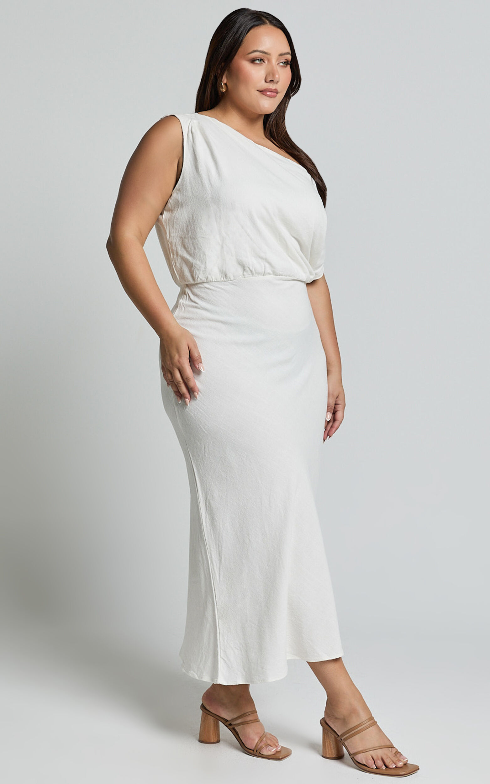 Jacqueline Midi Dress - Linen One Shoulder Dress in White