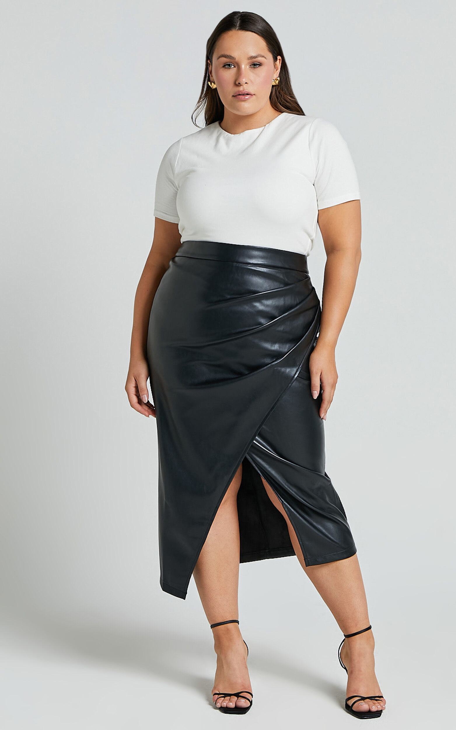 Gena Midi Skirt - Split Faux Leather Skirt in Black