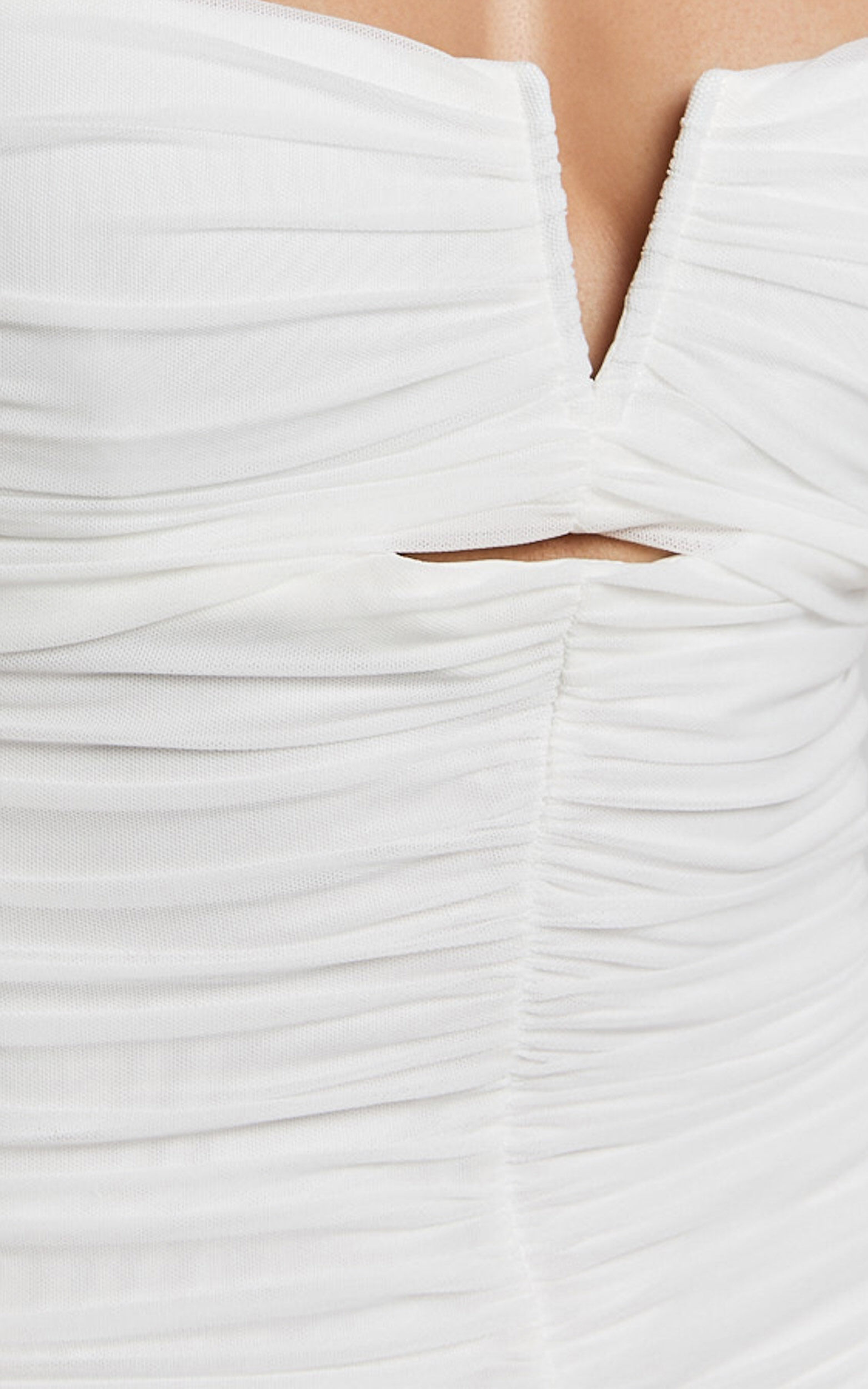 Kody Midi Dress - Bodycon Ruched Mesh Cut Out Dress in White