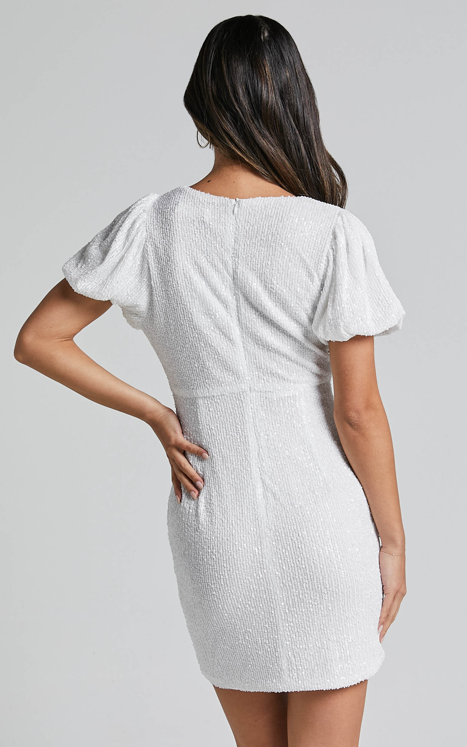 Cleonna Mini Dress - Short Puff Sleeve Plunge Neck Sequin Bodycon in White