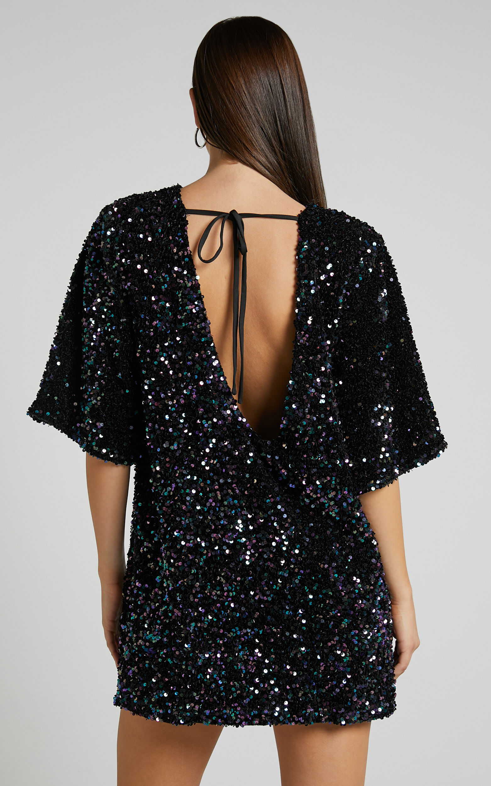 Valetta Mini Dress - Sequin low back shift dress in Midnight Blue Sequin