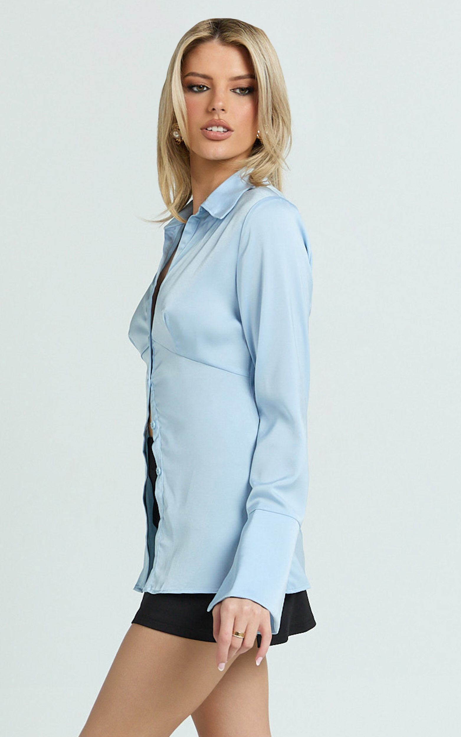 Natalie Top - Button Up Flared Sleeve Shirt in Light Blue