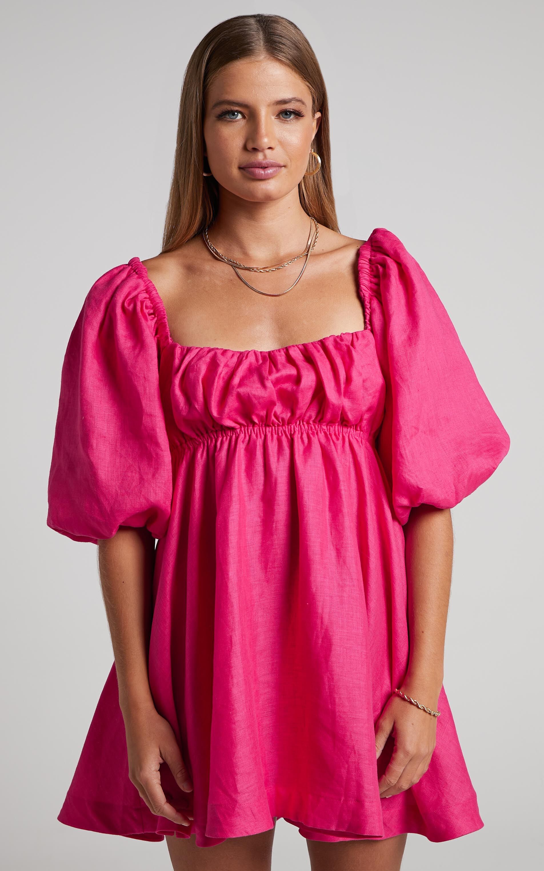 Amalie The Label - Hamyya Linen Tie Back Puff Sleeve Mini Linen Dress in Magenta