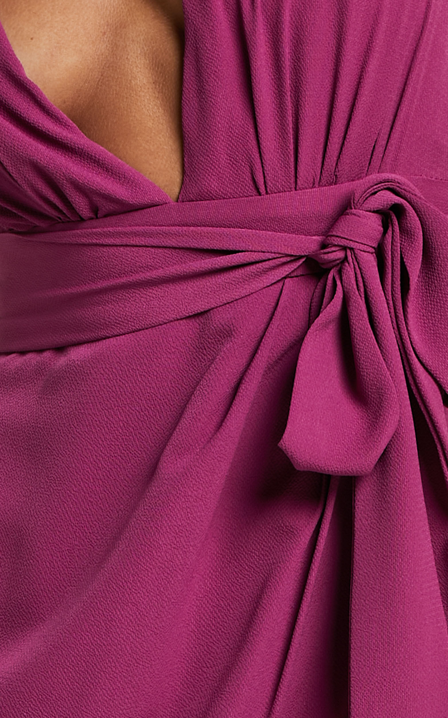 Astrea Mini Dress - Plunge Tie Waist Drape Dress in Berry