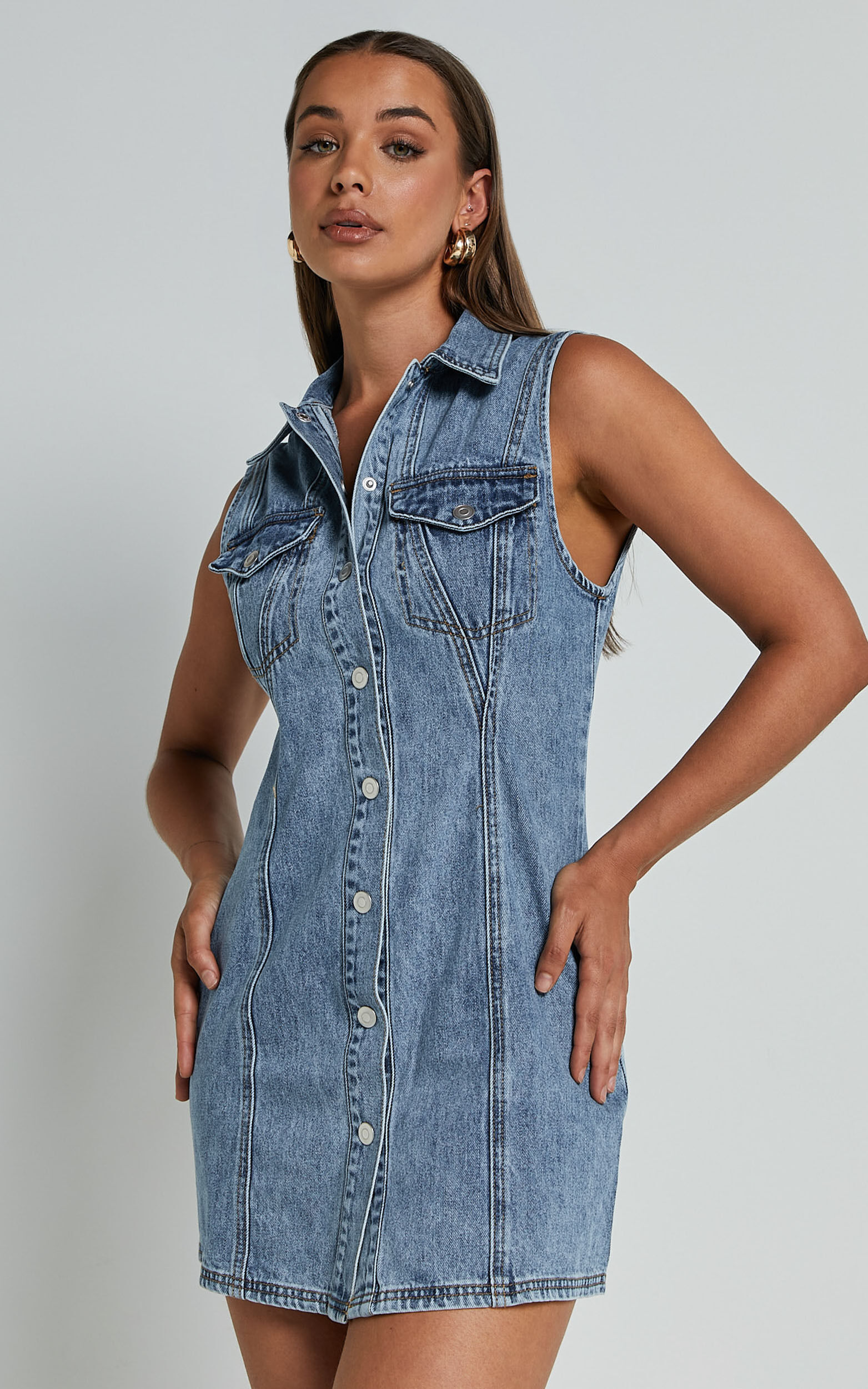 Gigie Mini Dress - Button Front Collared Denim in Mid Blue Wash