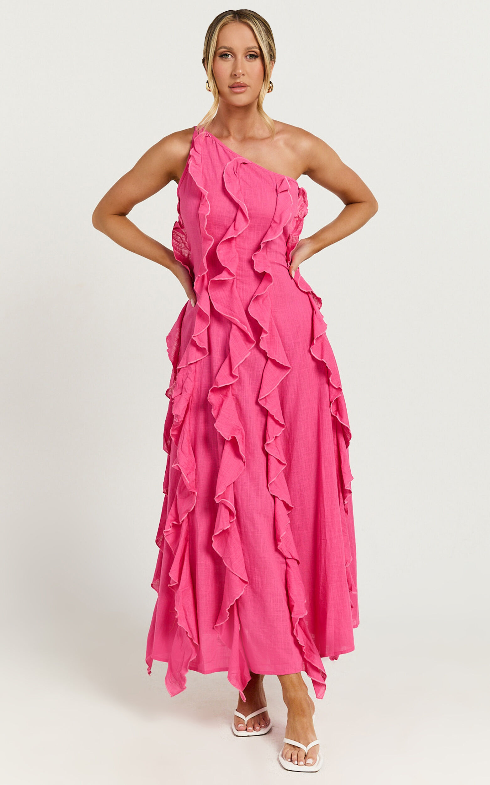 Britney Maxi Linen Dress - One Shoulder Ruffle Detail Dress in Pink