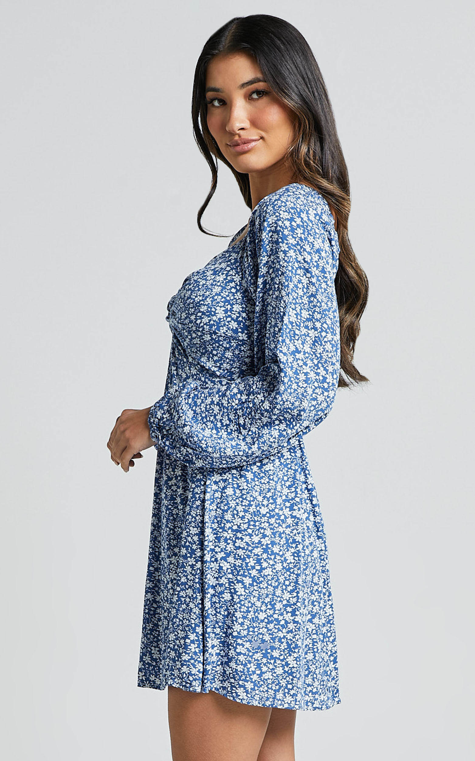 Ellison Mini Dress - 3/4 Sleeve Twist Bodice Dress in Blue Floral