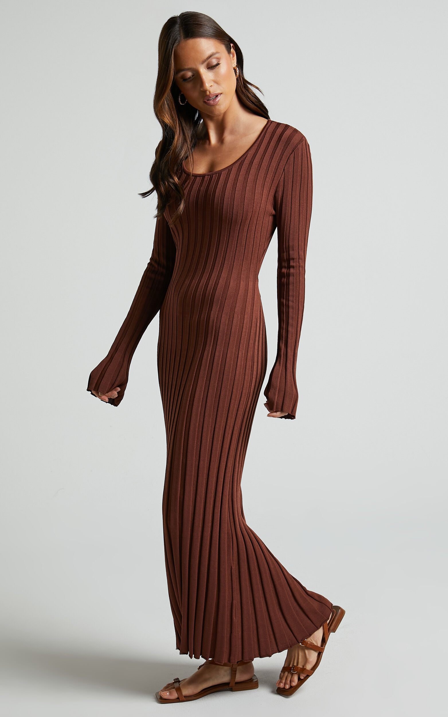 Blaire Midi Dress - Long Sleeve Tie Back Flare Dress in Chocolate