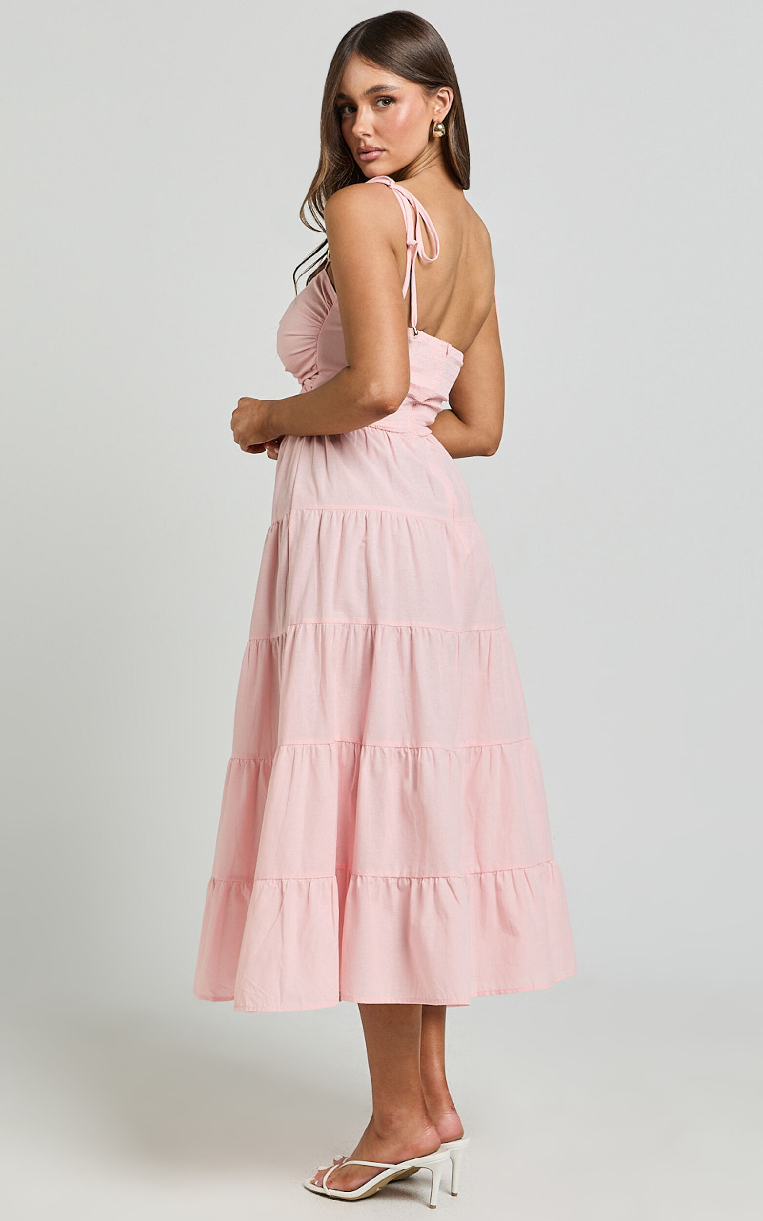 Leticia Midi Dress - Twist Front Tie Strap Tiered Dress in Soft Pink