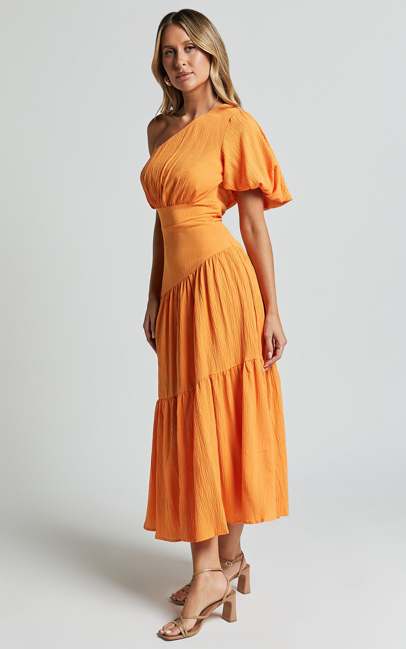 Ciara Midi Dress - One Shoulder Short Puff Sleeve Tiered Dress in Mango