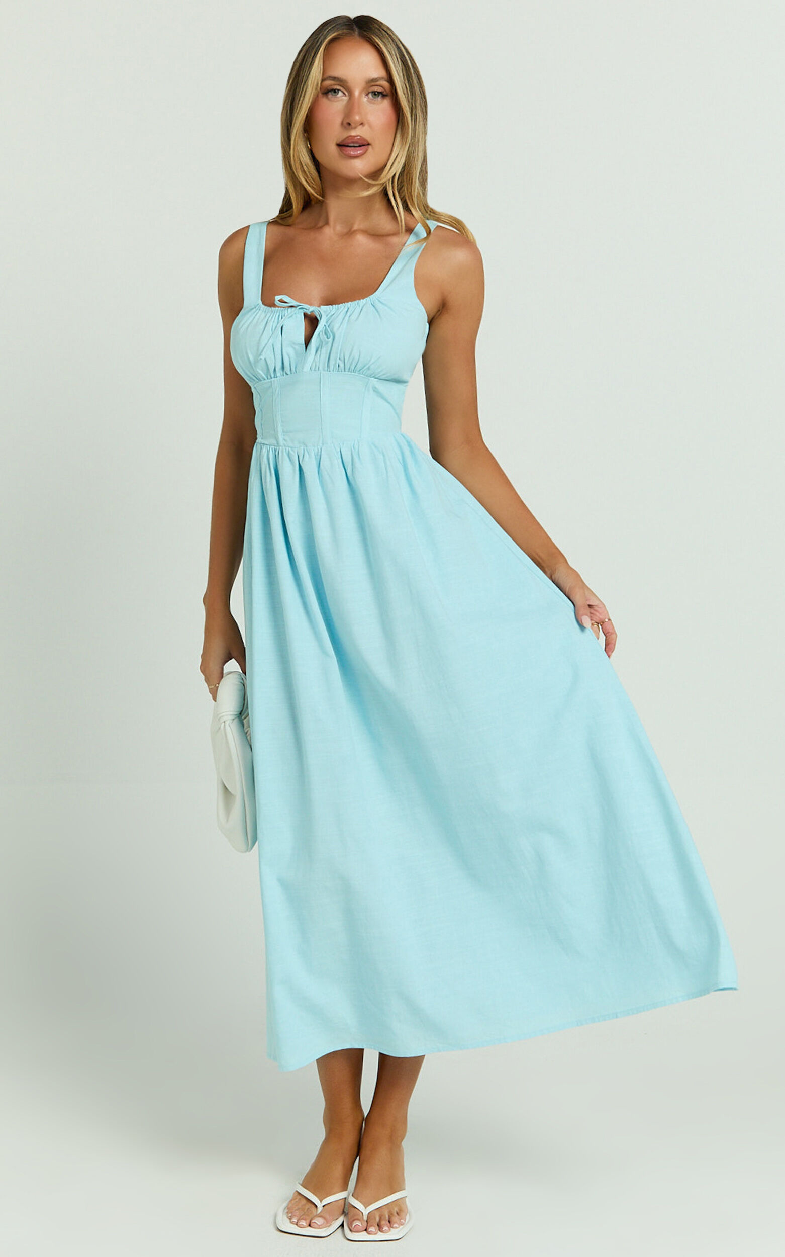 Haylee Midi Dress - Corset Waist Gathered Bust Dress in Blue