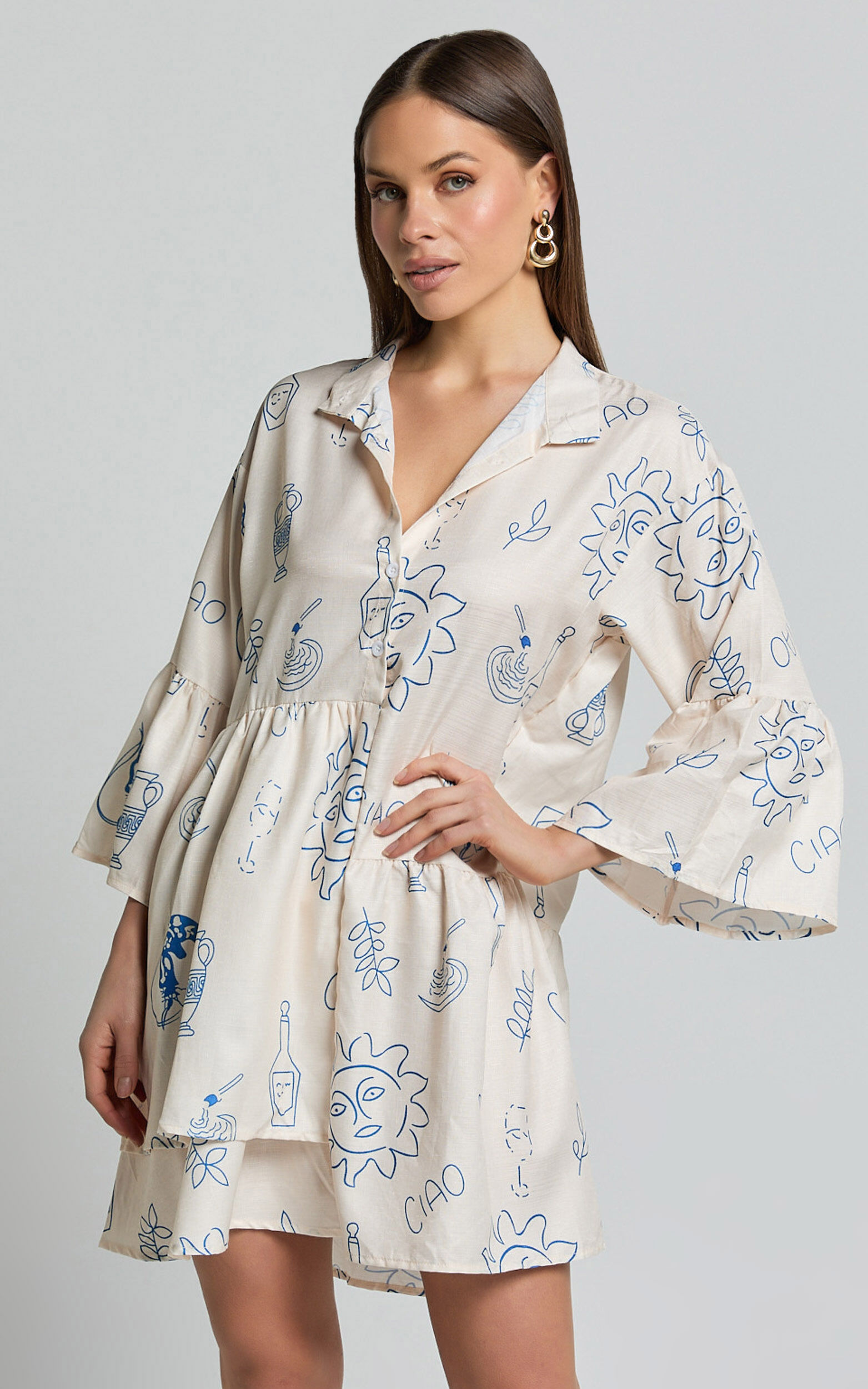 Charlene Mini Linen Dress - V Neck 3/4 Sleeve Shift Mini Dress in Blue Print