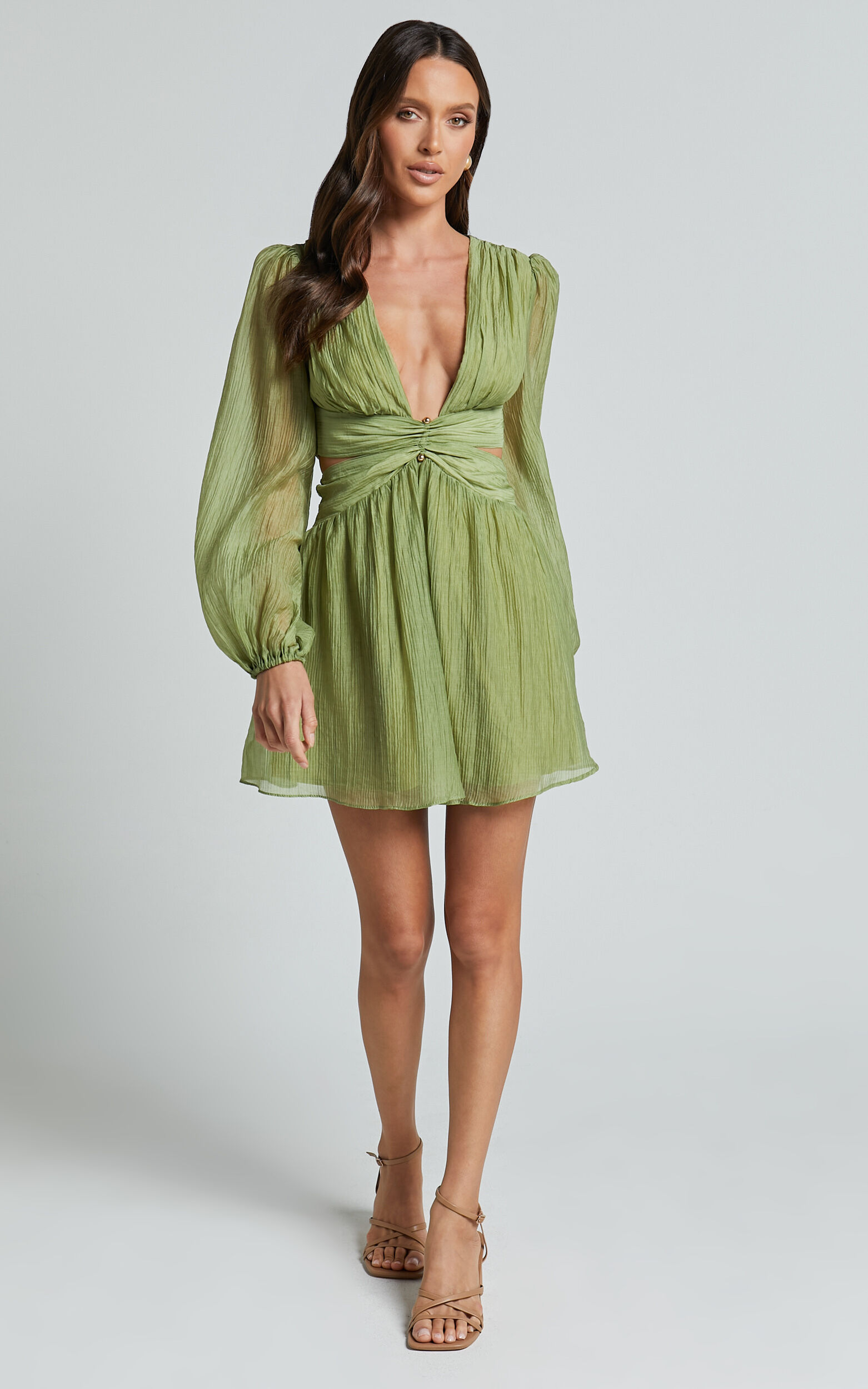Casey Mini Dress - Plunge Neck Puff Long Sleeve Dress in Sage