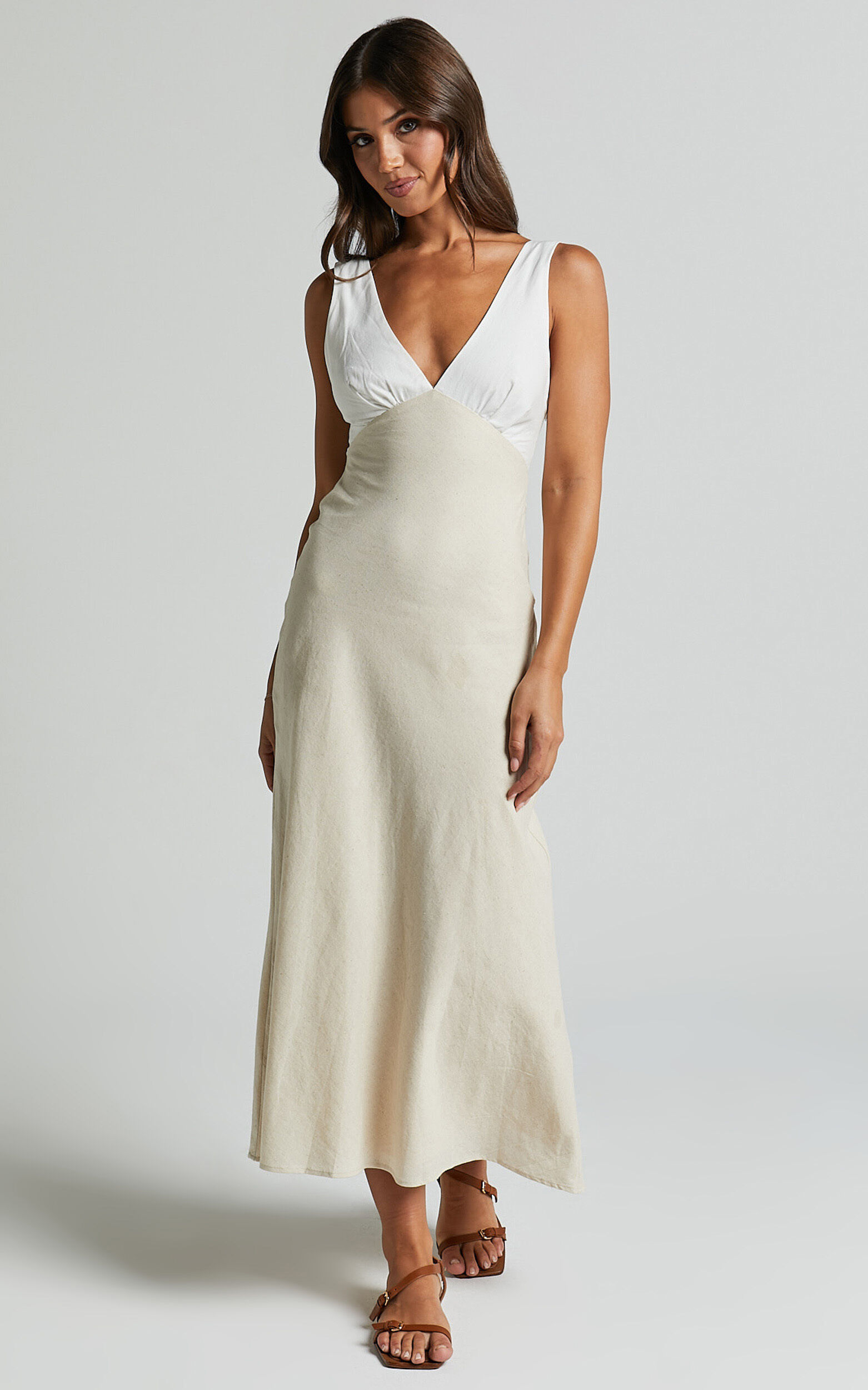 Dovie Midi Dress - Linen V Neck Low Back Cut Out Flare Dress in Beige and White