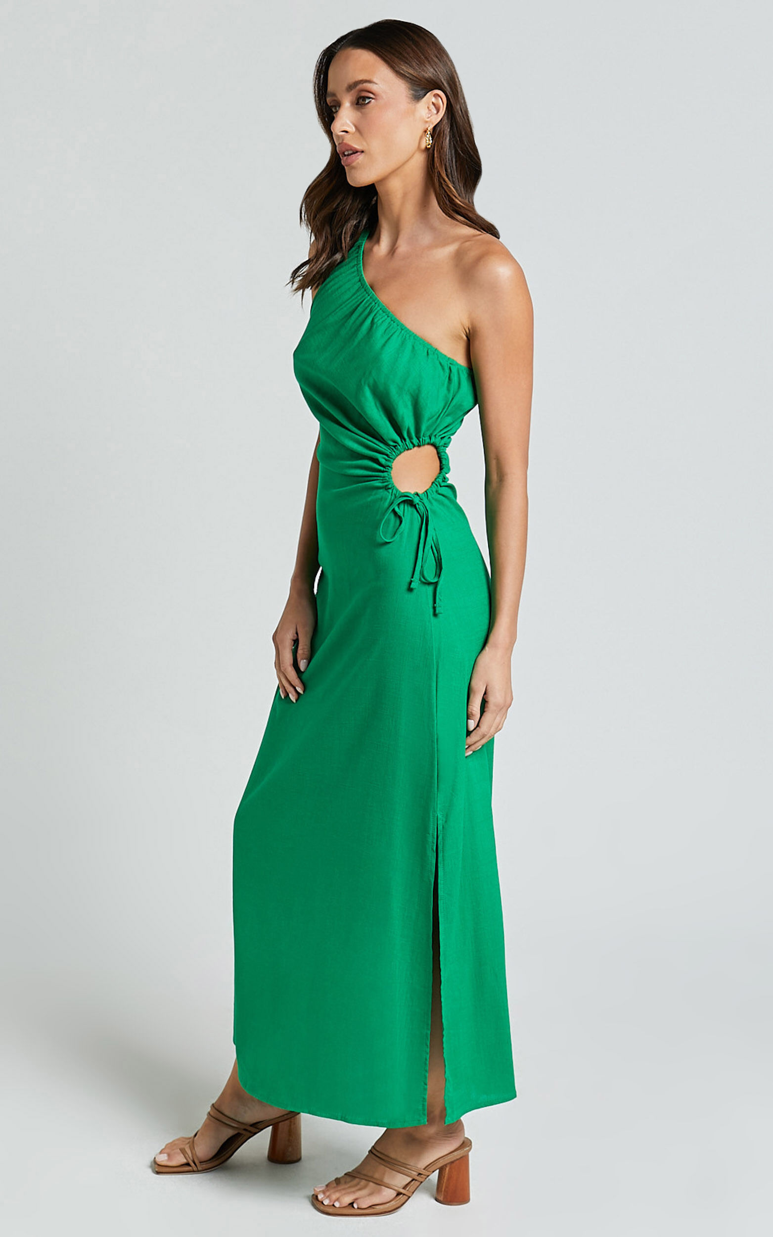 Kari Midi Linen Dress - One Shoulder Slip Dress in Green