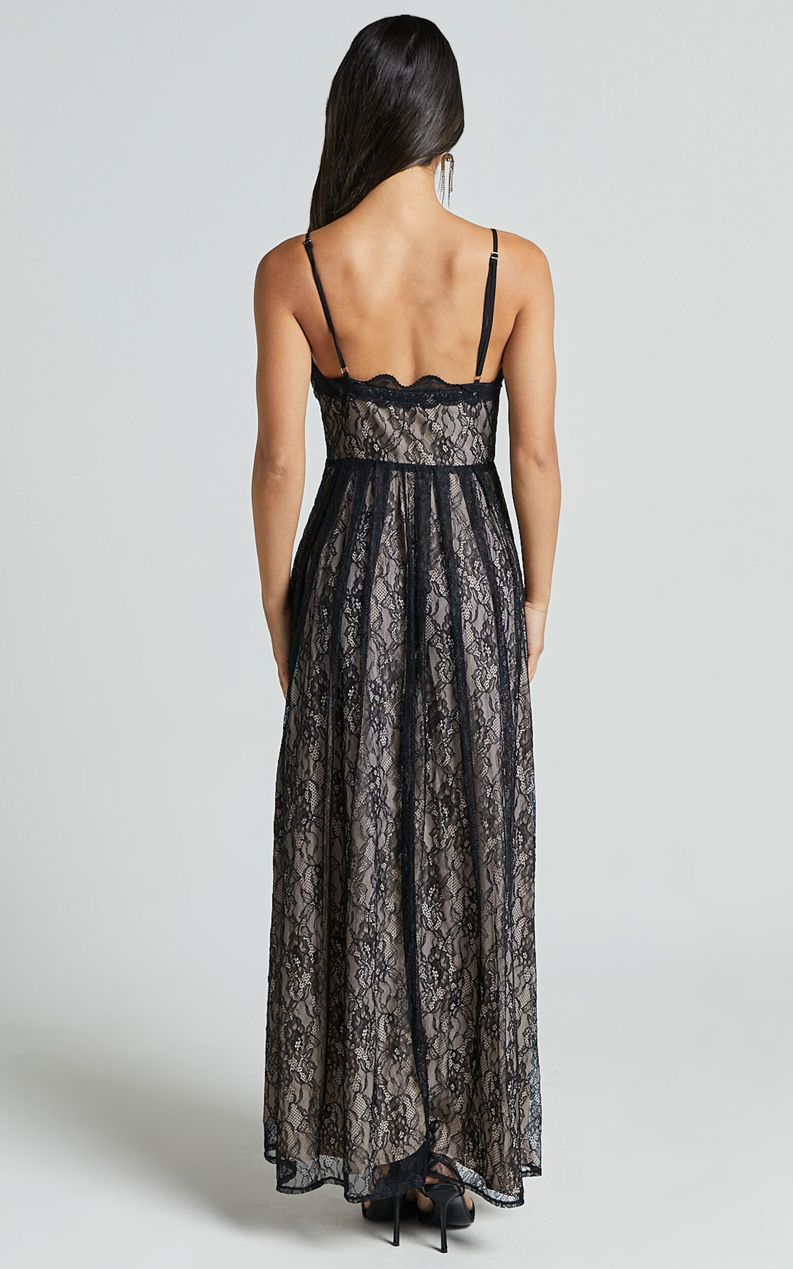 Leni Maxi Dress - Plunge Thigh Split Lace Dress in Black