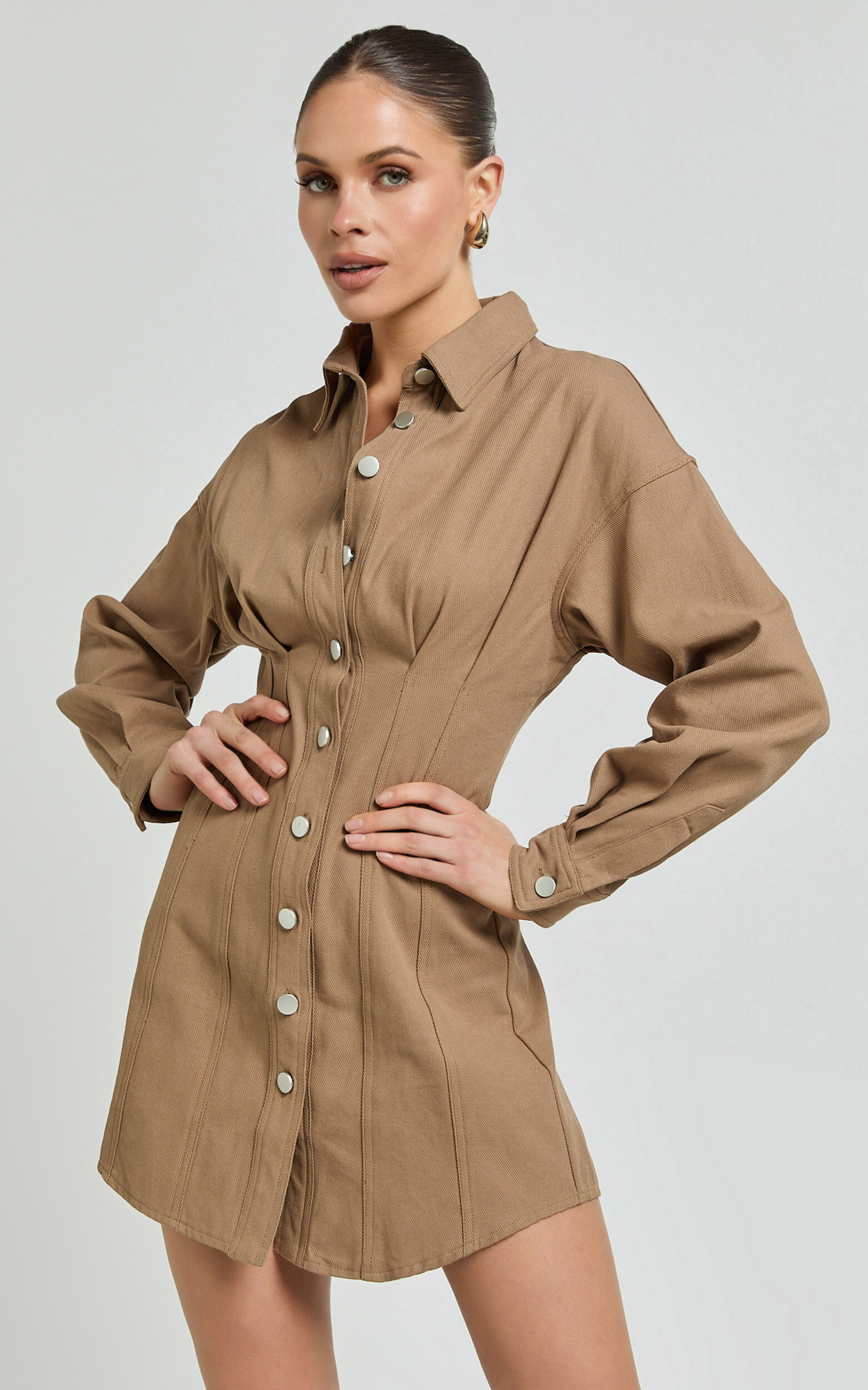 Sofia Mini Dress - Button Through Long Sleeve Dress in Mocha