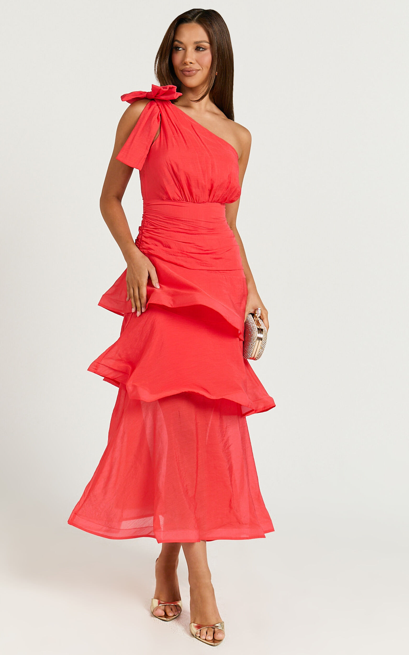 Eugenia Midi Dress - One Shoulder Fit and Flare Layered Dress in Red