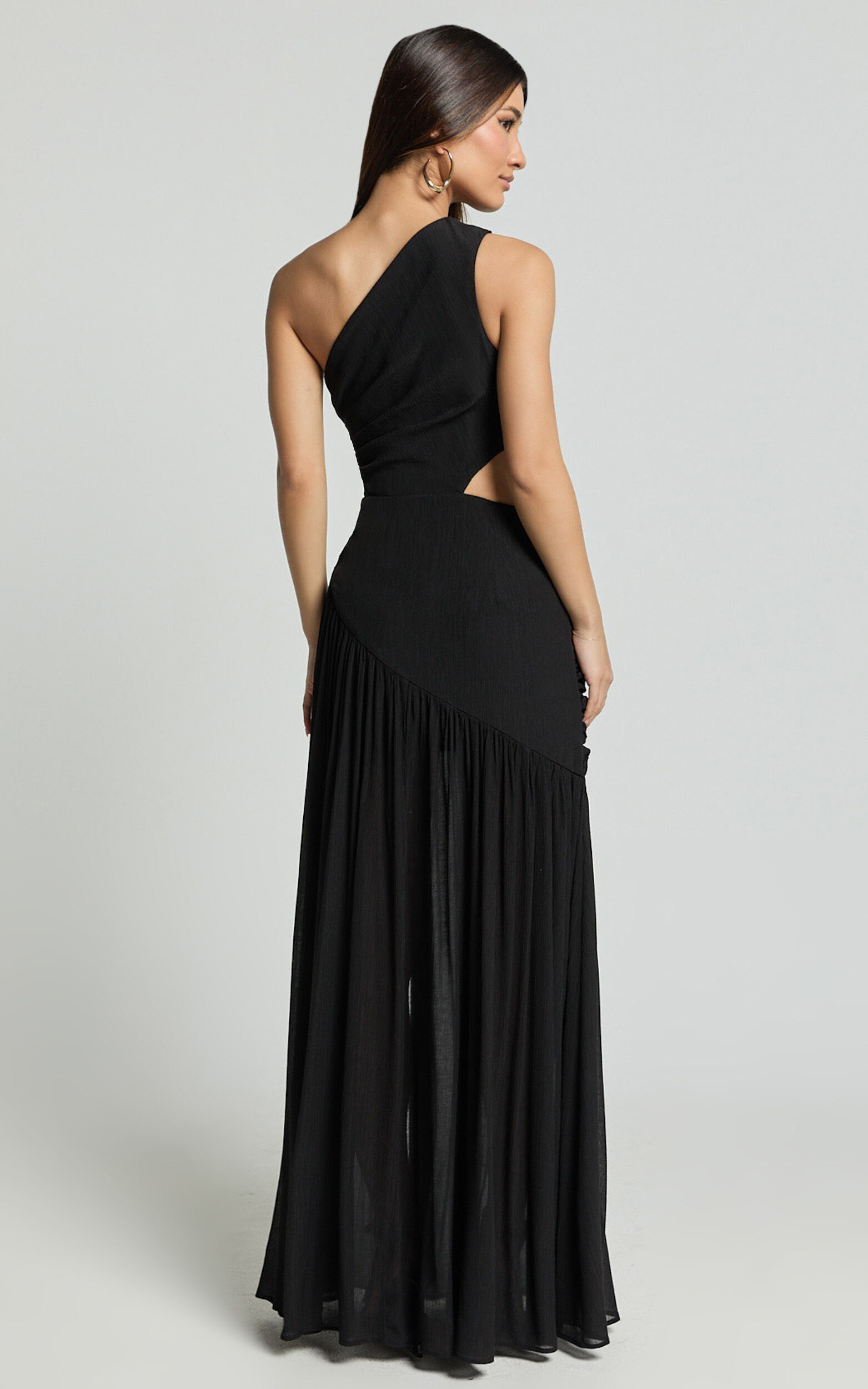 Darcy Maxi Dress - One Shoulder Side Cut Out Gathered Dress in Black